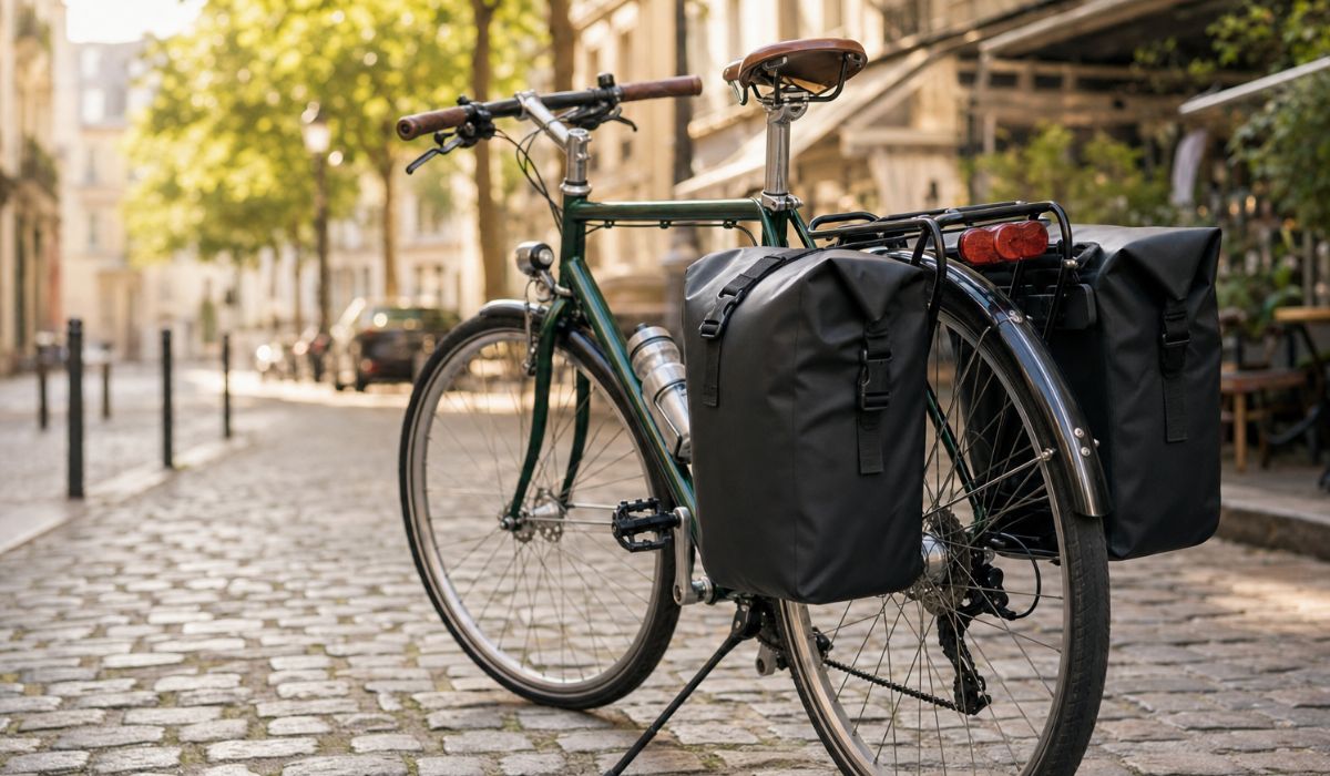 Ein Fahrrad mit Fahrradtaschen.