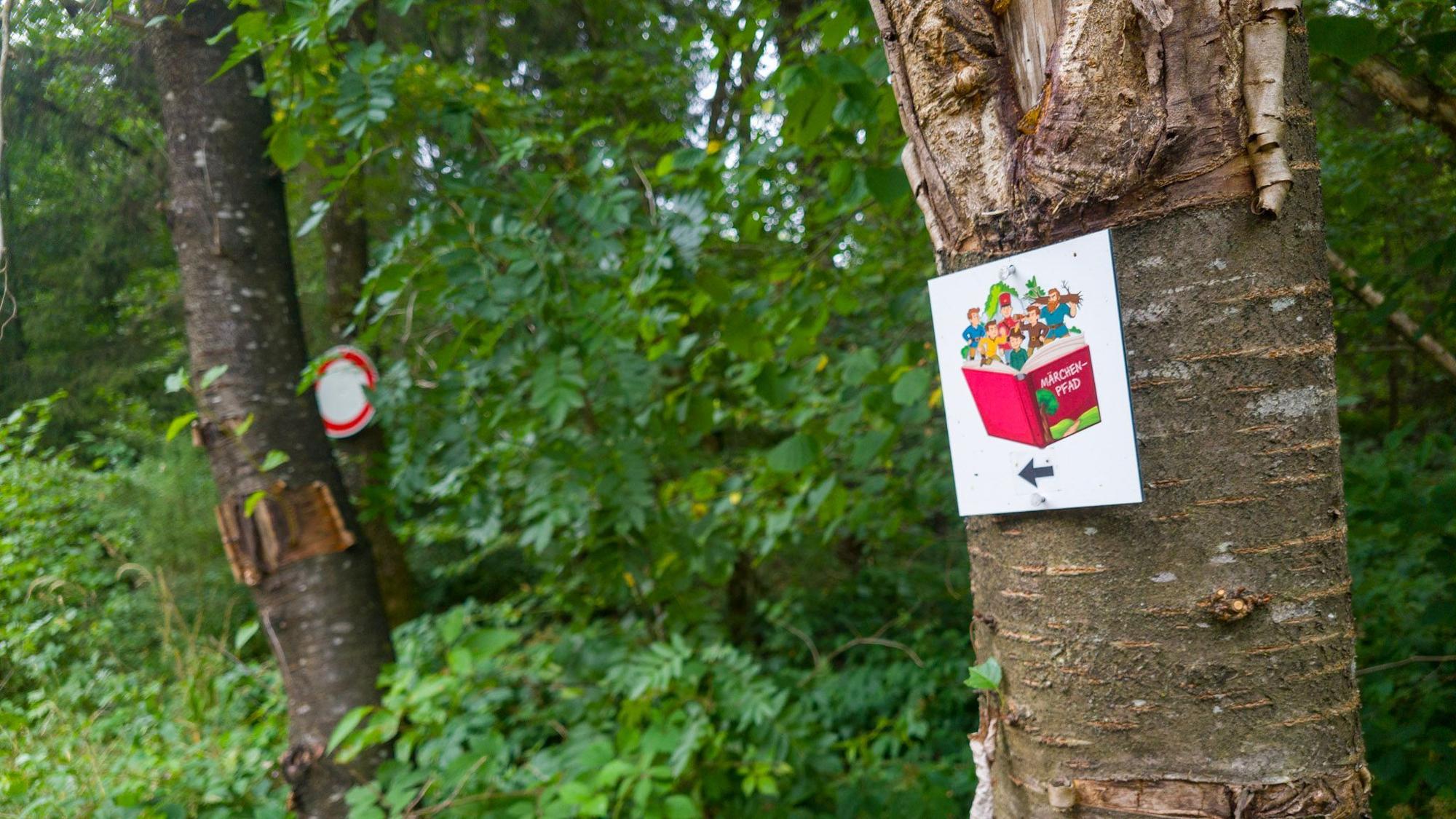 Ein kleines Schild mit einem roten Märchenbuch und einem Pfeil darauf hängt an einem Baum.