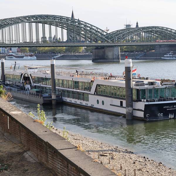 Die Arielle Royal liegt am Kölner Rheinufer.