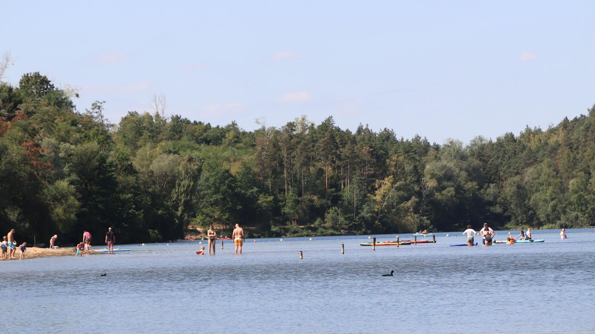 Das Bild zeigt mehrere Personen im Wasser am Heider Bergsee.