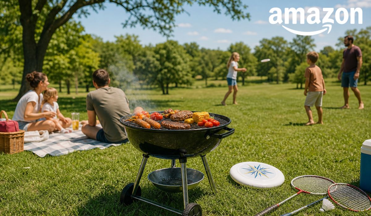 Familie und Freunde beim Picknick mit tragbarem Holzkohlengrill, Outdoor-Spielen wie Frisbee und Badminton auf grüner Wiese unter blauem Himmel.