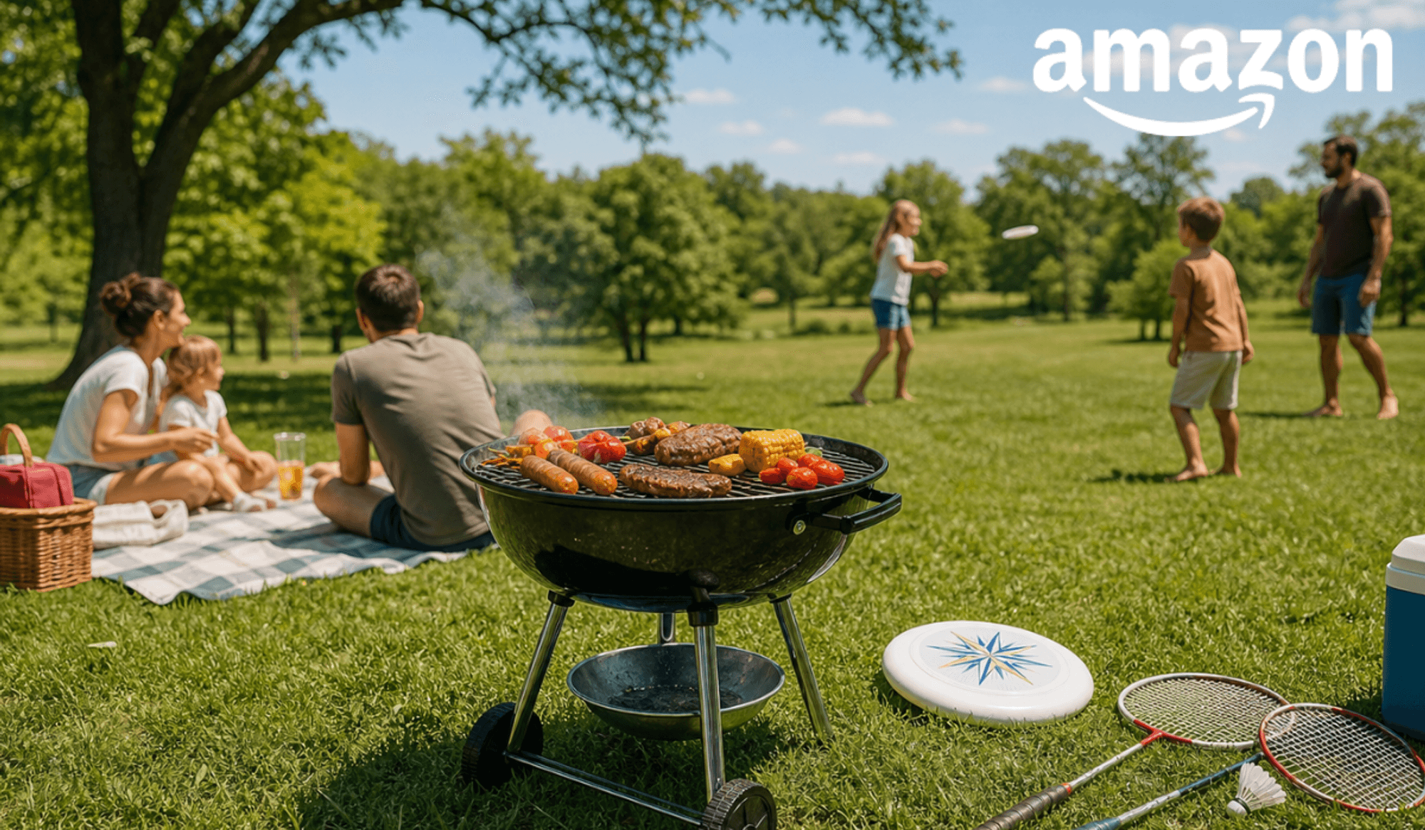 Familie und Freunde beim Picknick mit tragbarem Holzkohlengrill, Outdoor-Spielen wie Frisbee und Badminton auf grüner Wiese unter blauem Himmel.