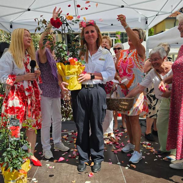 Eine Frau, mit einer Rose in der Hand, wird von anderen Frauen feierlich mit Rosenblütenblättern beworfen.