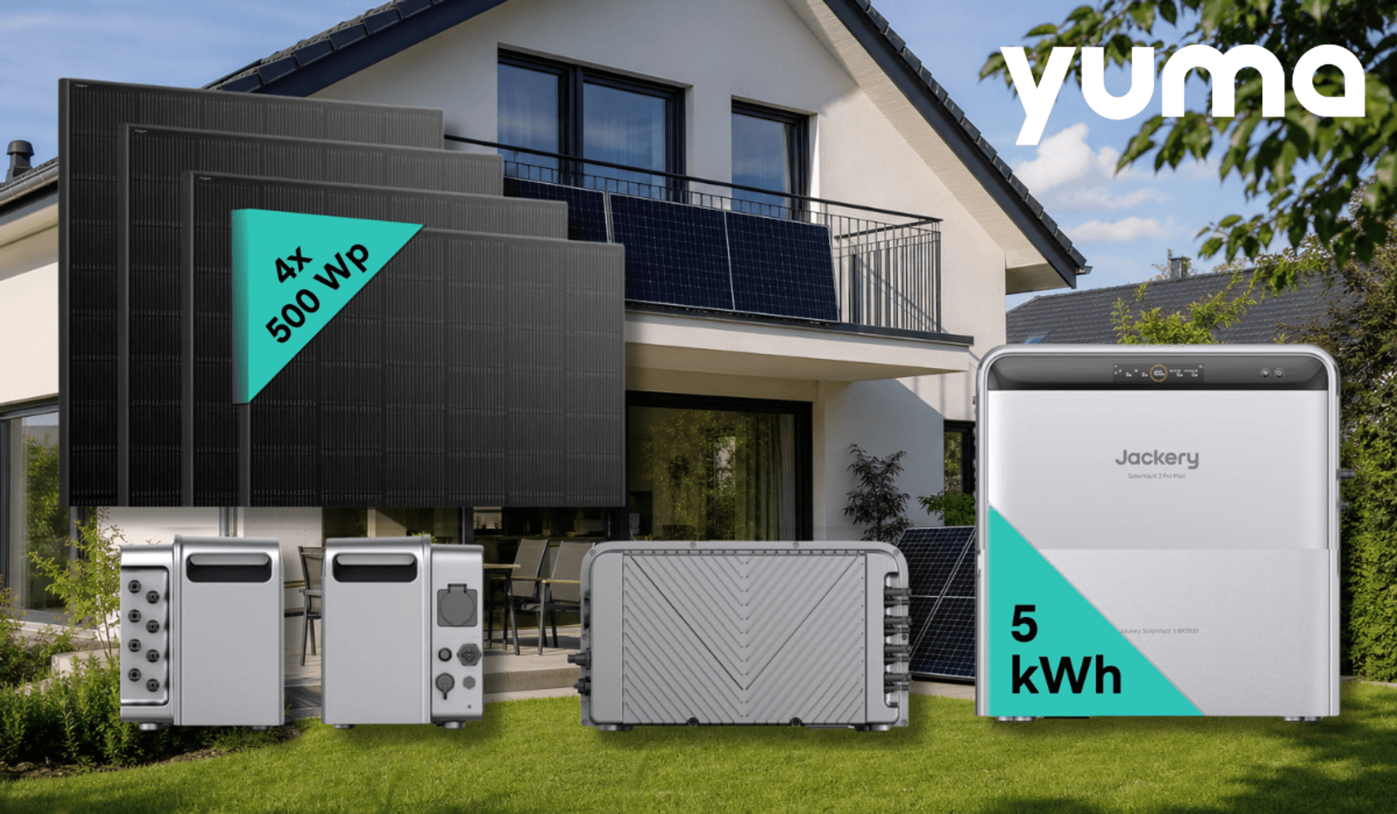 Die Jackery SolarVault 3 Pro MAX + BP2500 und Yuma x Jackery - 2000 W Balkonkraftwerk Module vor einem (KI-generierten) Haus mit Balkonkraftwerken abgebildet.