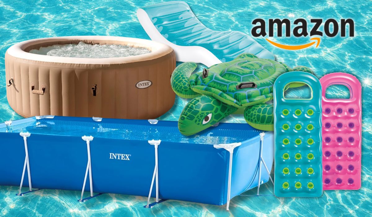 Intex Pools und Zubehör vor einem Wasser-Hintergrund.