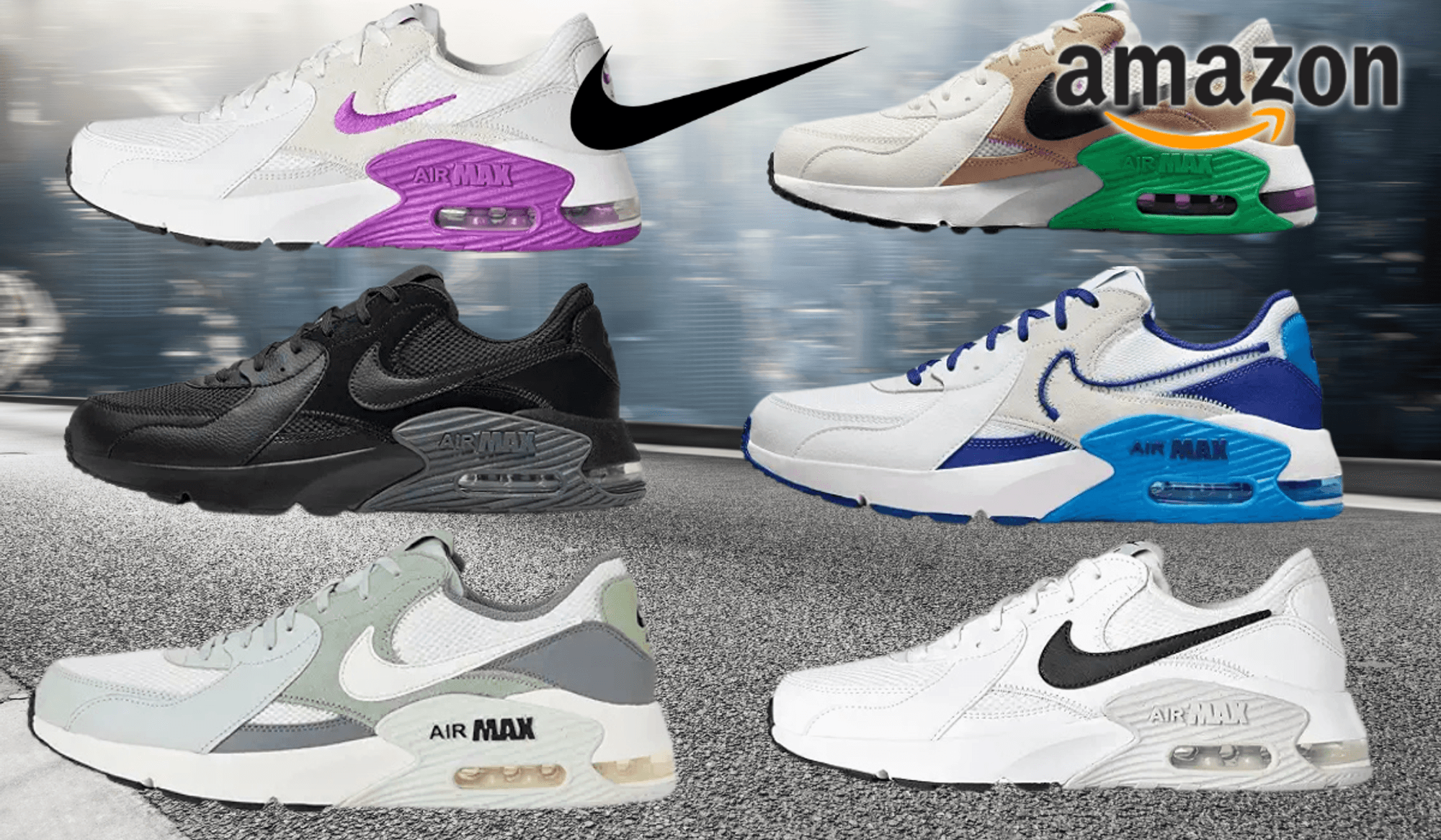 6 Nike Air Max Excee Modelle in verschiedenen Colorways vor einem Starßen-Hintergrund.