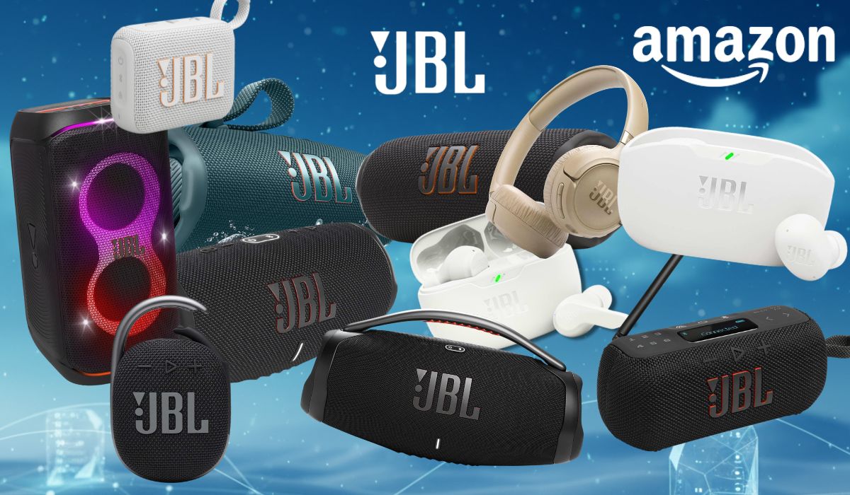 JBL Boxen, Speaker und Bluetooth-Kopfhörer wie PartyBox 120, JBL Go 4, JBL Flip 7, JBL Tuner 3, JBL Charge 6, JBL Tune 680 NC oder die JBL Wave Buds 2 vor einem blauen Hintergrund.