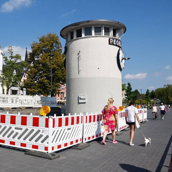 Der Pegel am Rheinufer ist eingezäunt.