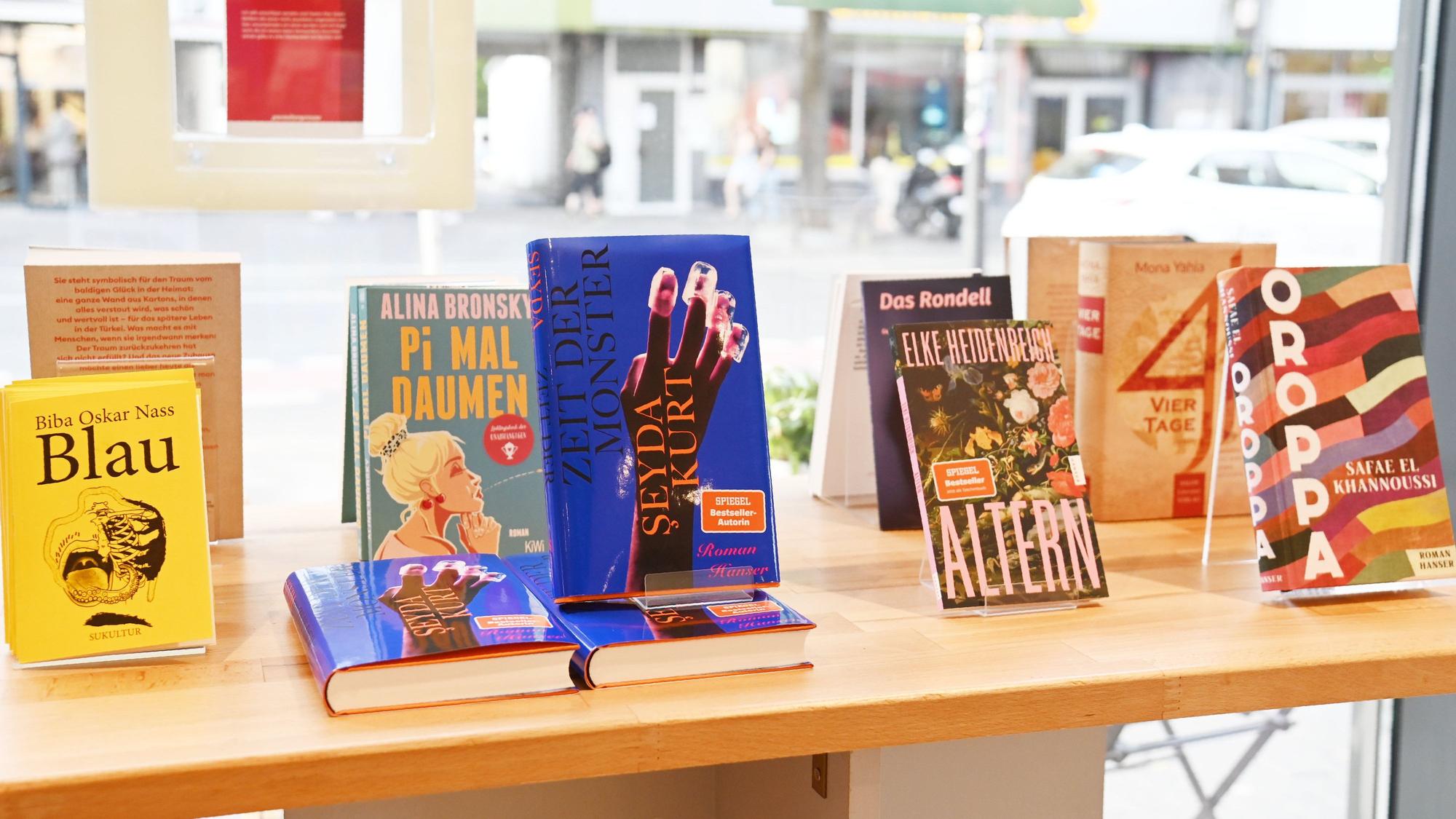 Auf einem Regal stehen verschiedene Bücher.
