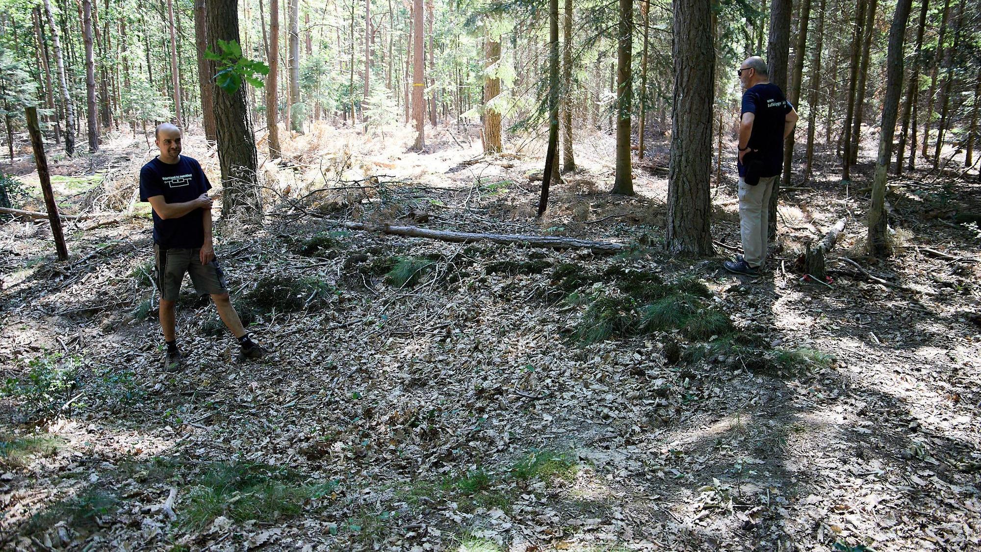 Zwei Männer stehen and er Stelle im Wald, an der das Flugzeug damals abgestürzt ist.