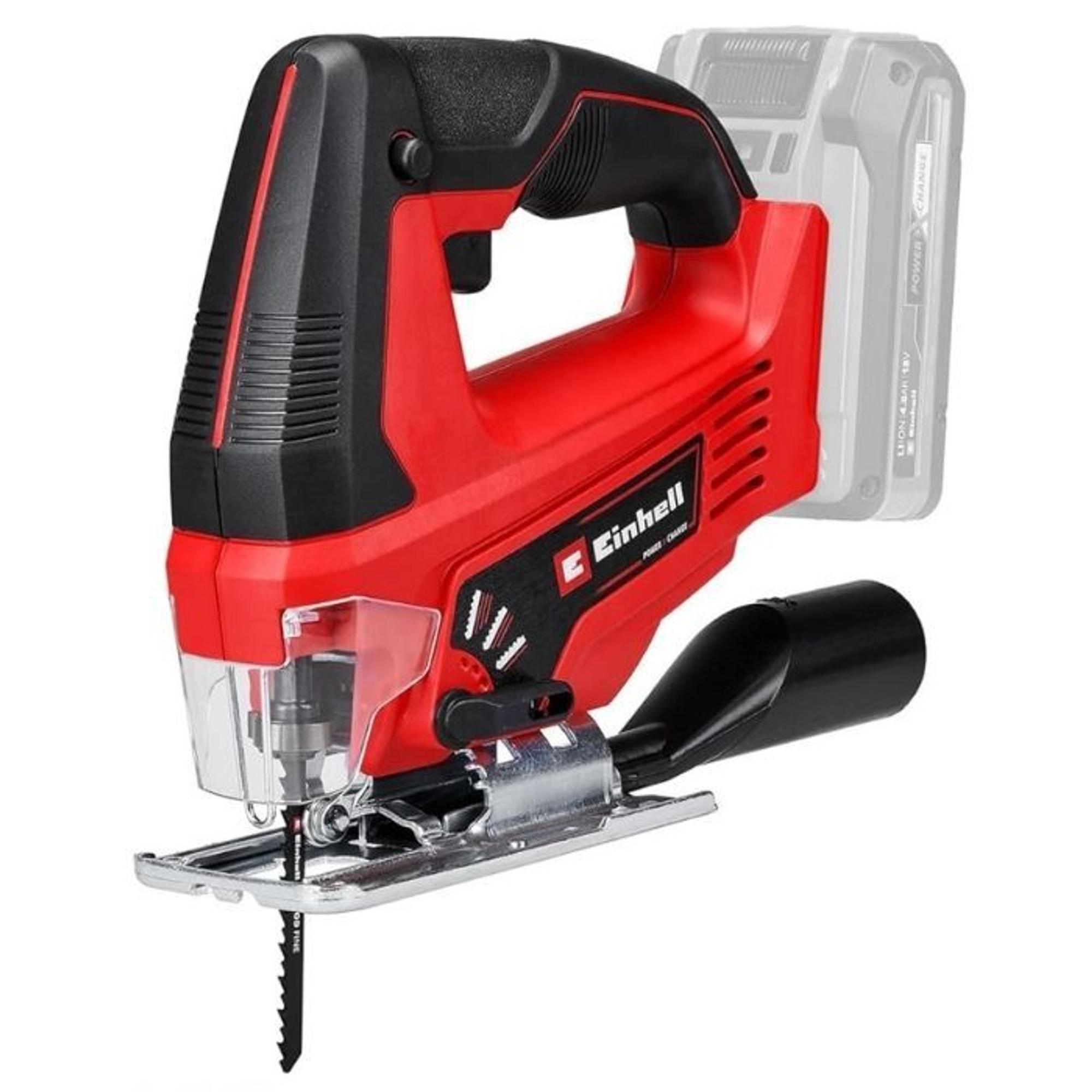 Einhell Akku-Stichsäge TC-JS 18 Li Power X-Change in Rot-Schwarz mit eingespanntem Sägeblatt, Akku transparent angedeutet