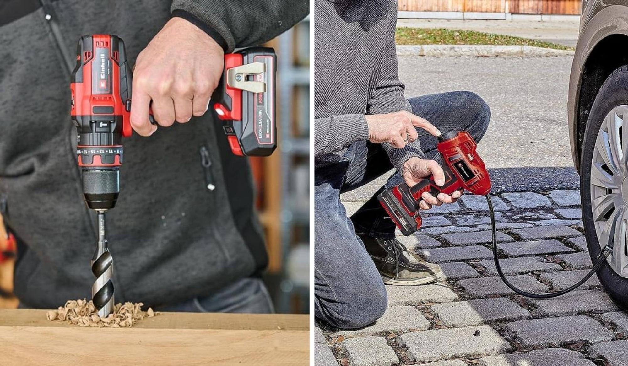 Collage aus zwei Anwendungsfotos: links eine Hand mit Einhell Akku-Schlagbohrschrauber beim Bohren in Holz, rechts eine Person mit Einhell Akku-Autokompressor beim Aufpumpen eines Autoreifens