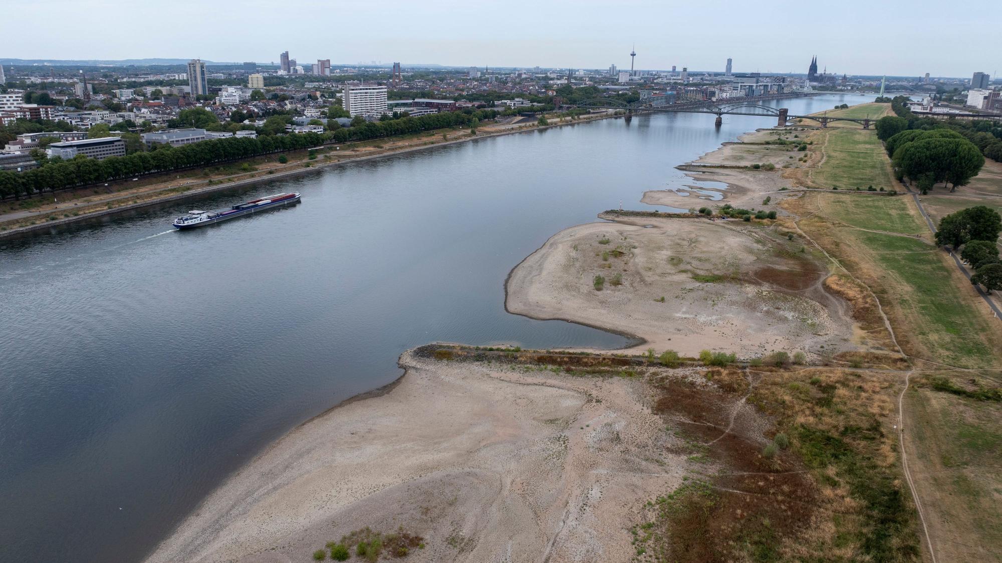 Die Kiesbänke an den Poller Wiesen wirken wie eine Wüste in der Sommerhitze. Der Rhein führt extremes Niedrigwasser, die Binnenschifffahrt ist nur noch eingeschränkt möglich.