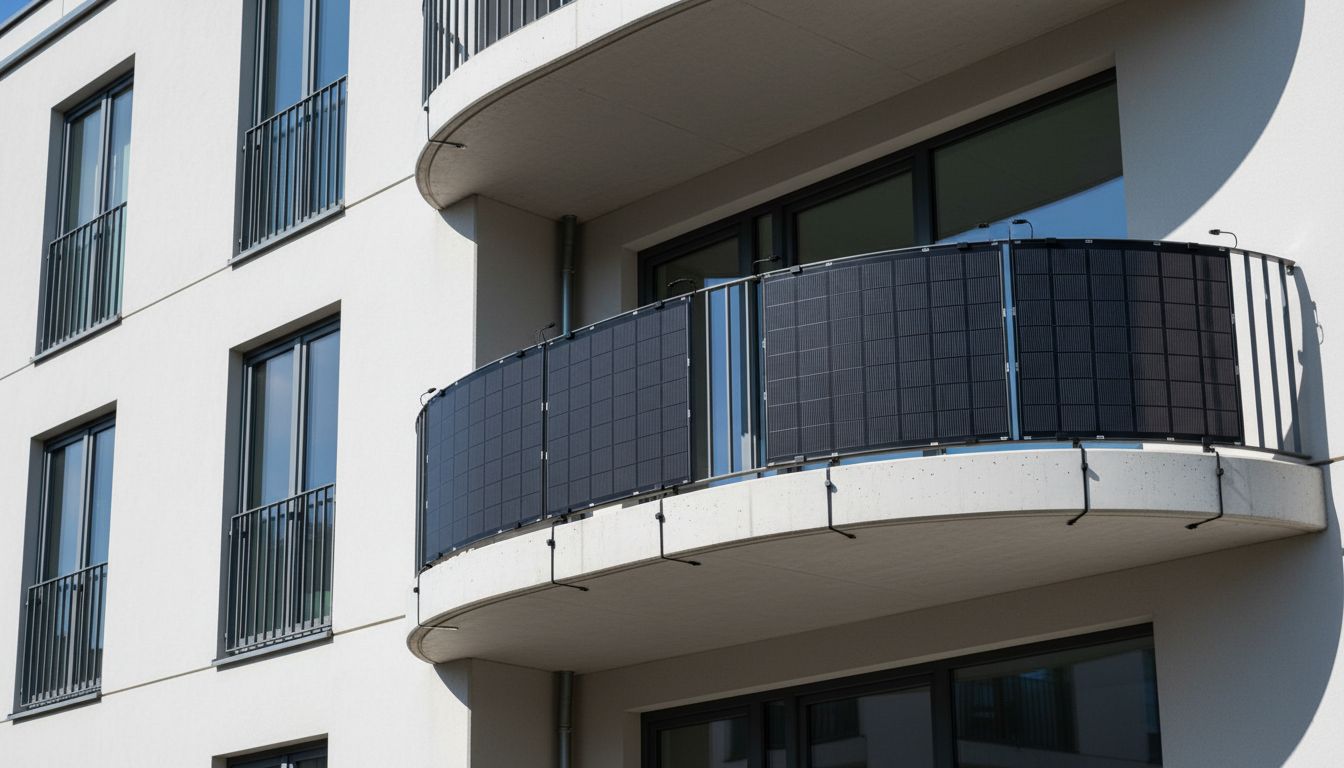 Flexible Solarmodule am geschwungenen Balkongeländer eines Mehrfamilienhauses, rahmenlose dunkle Panels an einem Balkongeländer angebracht.