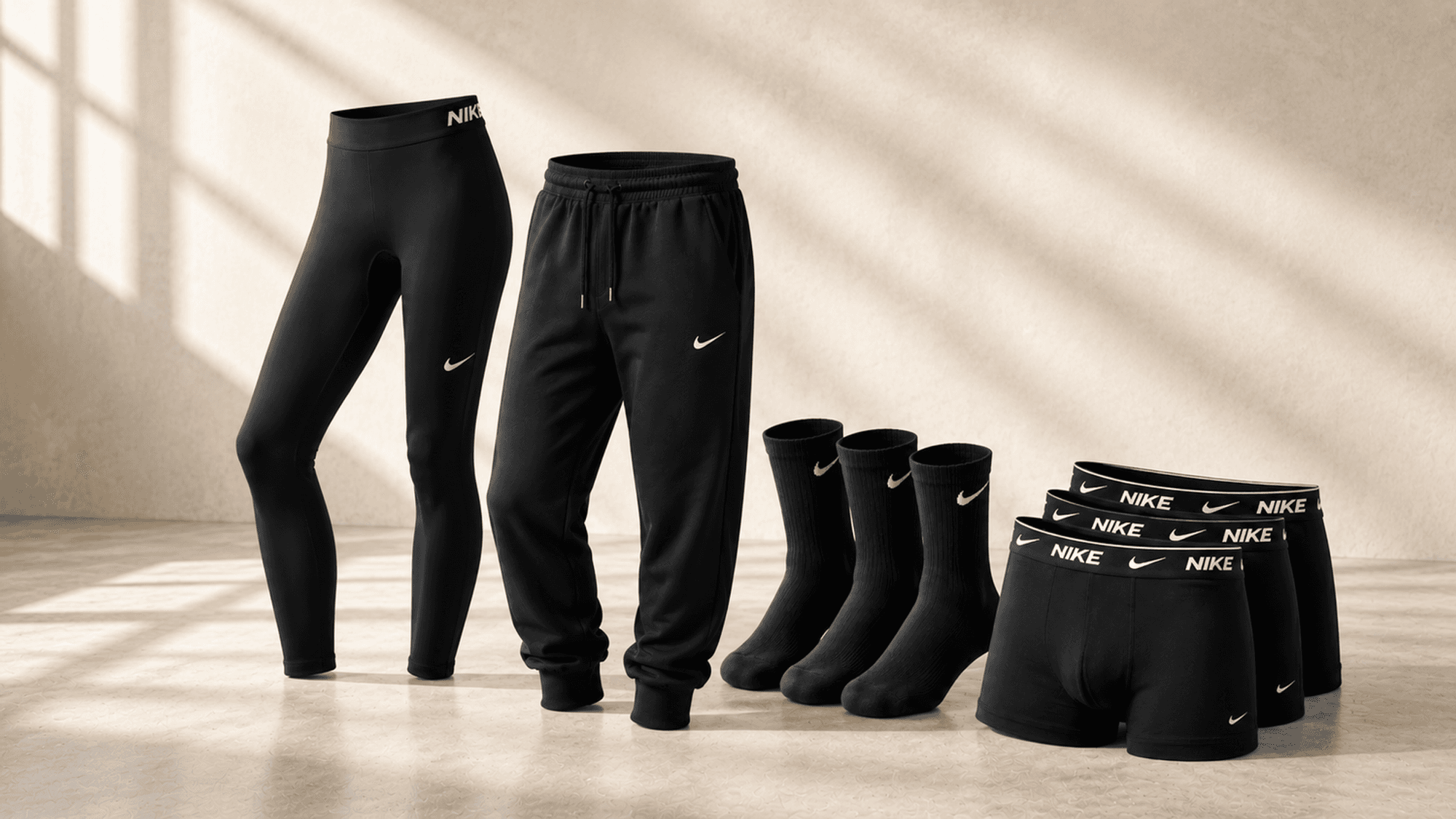 Nike Kleidungsstücke wie Trainingshose, Socke, Boxershorts stehen in einem leeren Raum.