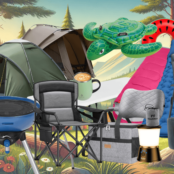 Auf dem Bild ist eine Collage aus diversen Camping Produkten zu sehen, die sich aktuell im Amazon Sale befinden.