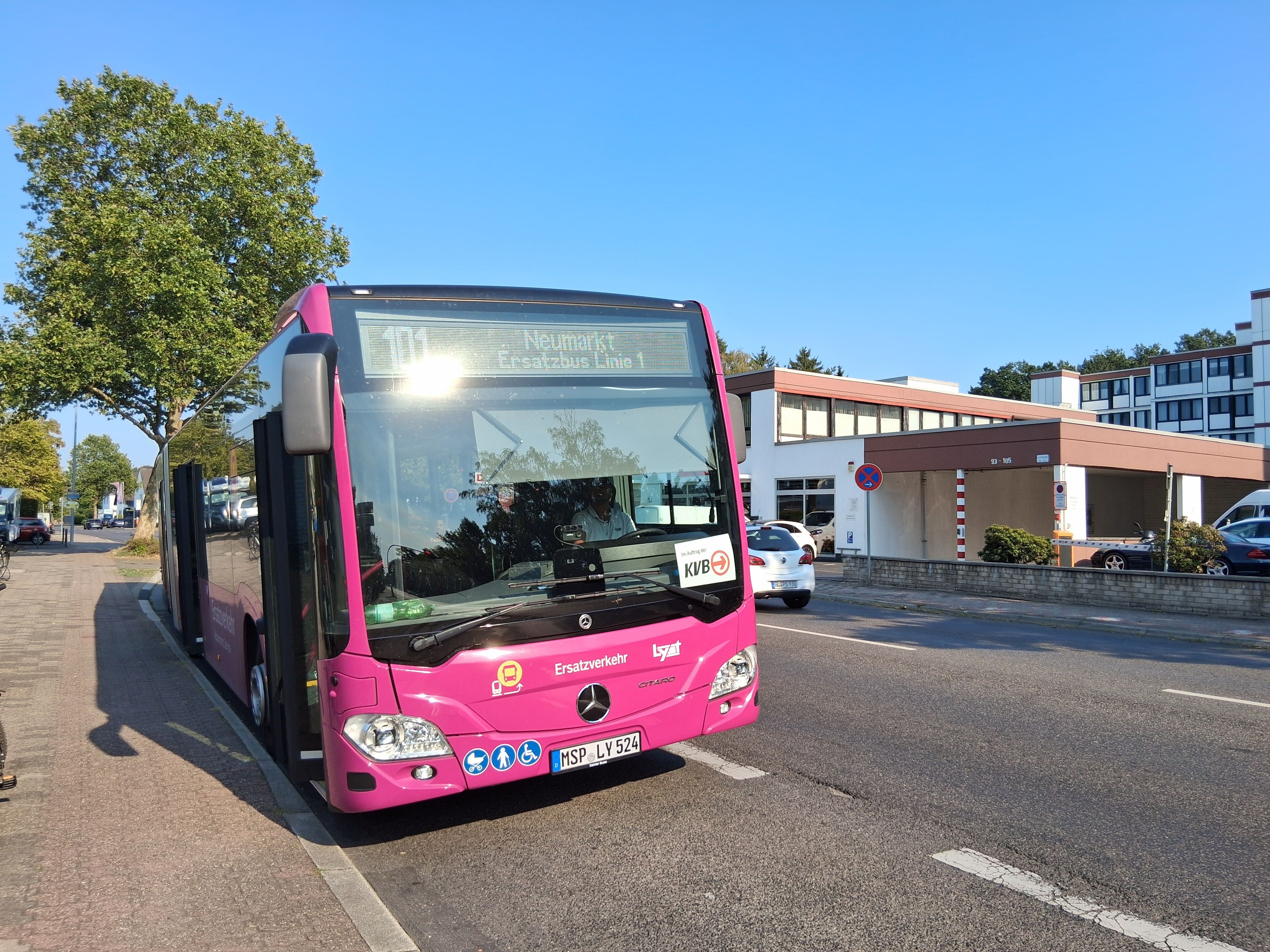 Ein pinker SEV-Bus steht an einer Haltestelle.