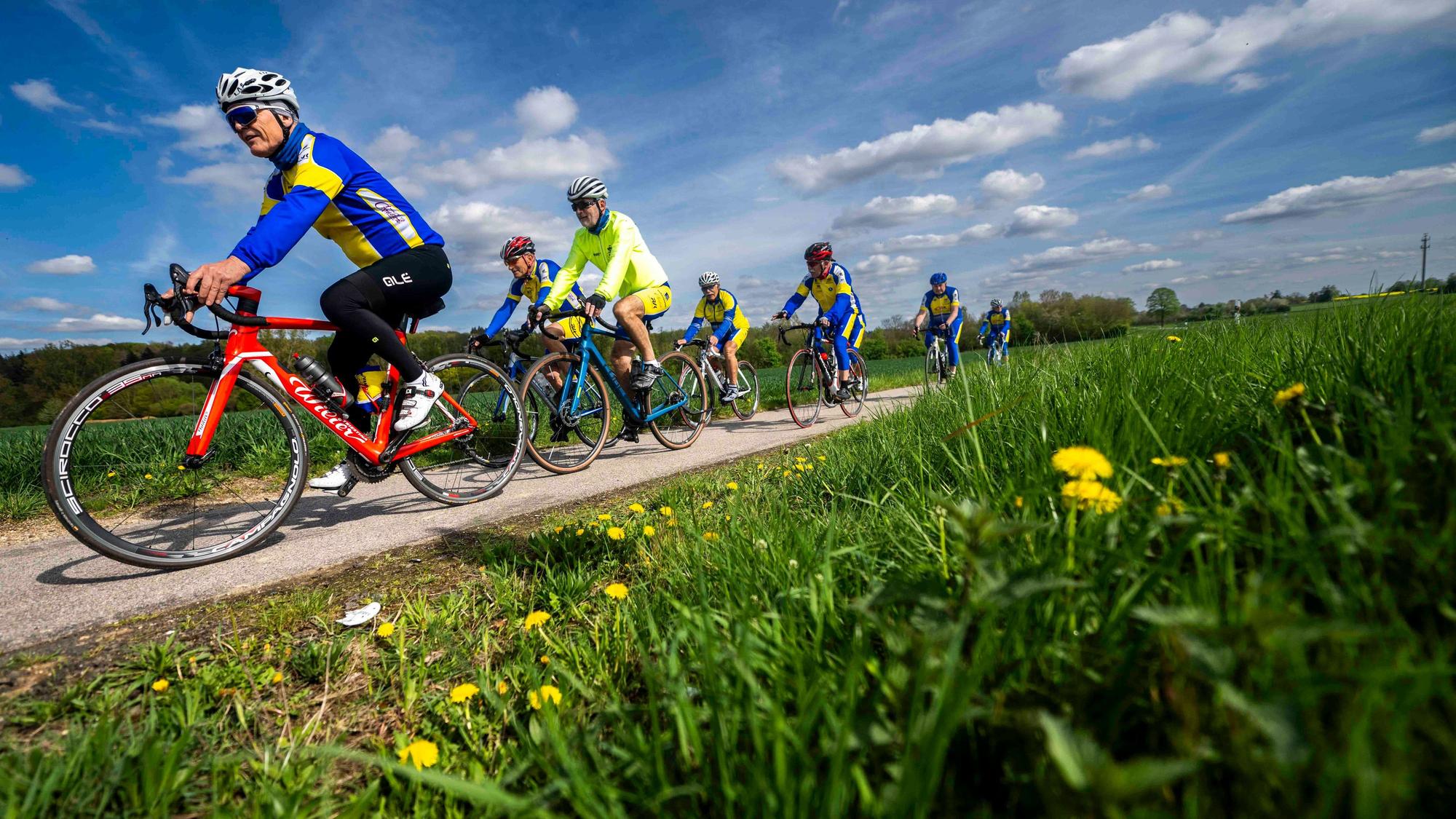 Zahlreiche Fahrradfahrer fahren neben einer Wiese, auf der Blumen blühen.