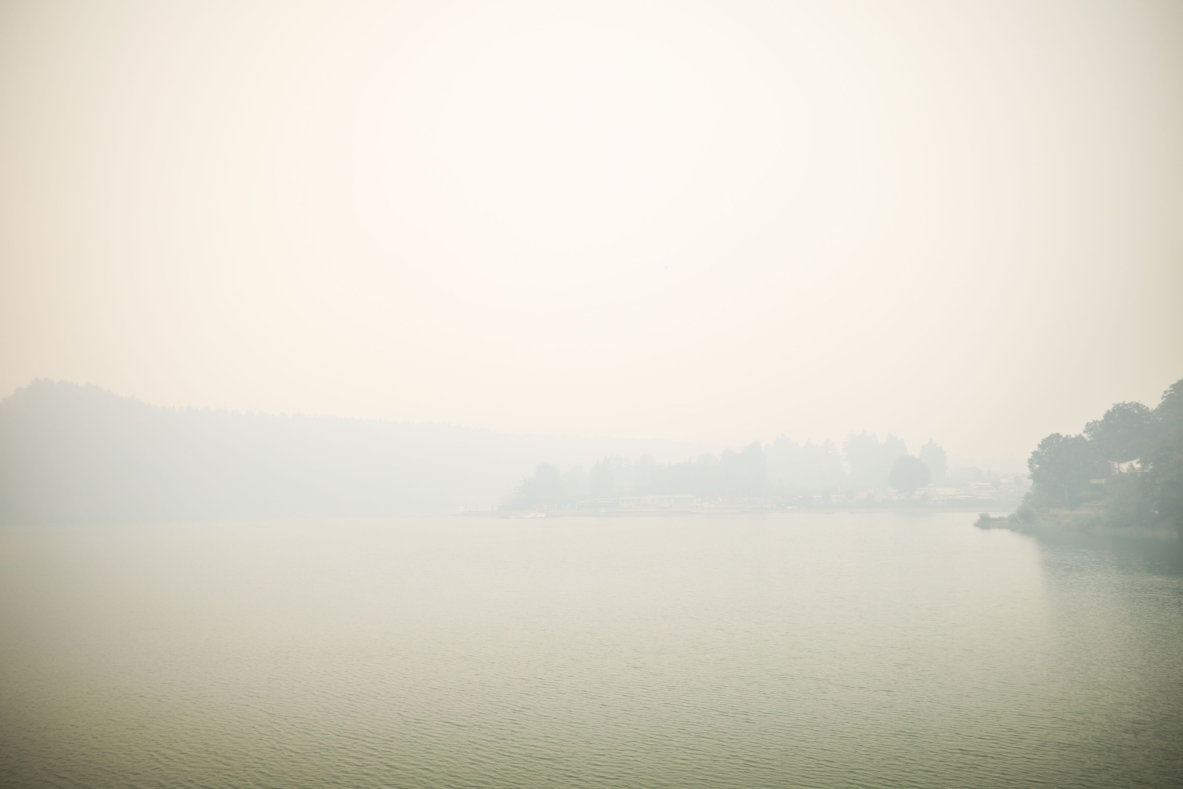 Dichter Rauch eines Brandes in der Hochmoor- und Sumpflandschaft Hohe Venn liegt über dem See Lac de Robertville.