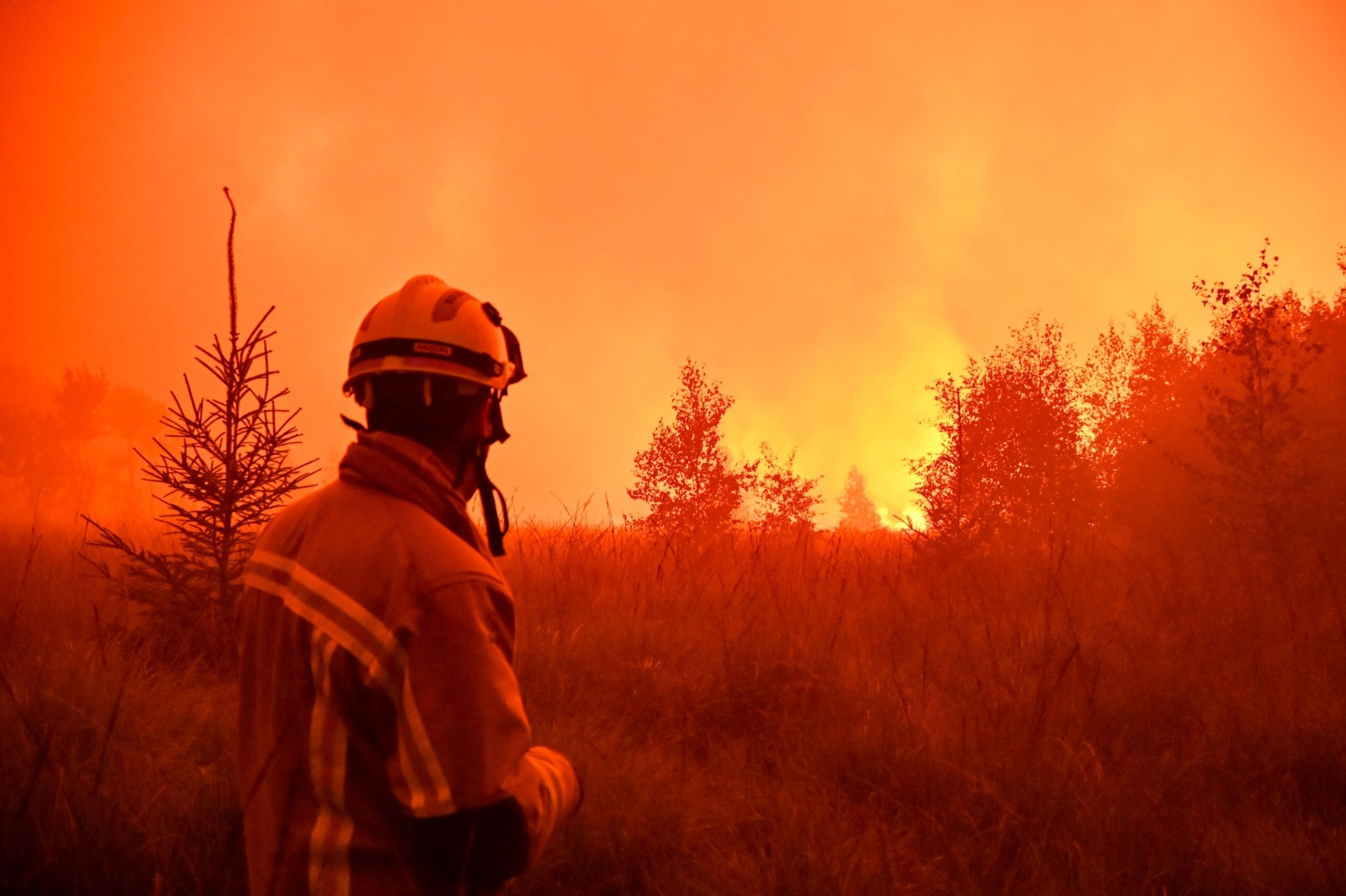 Das von VHP zur Verfügung gestellte Foto zeigt Feuerwehrleute im Einsatz beim Großbrand im Naturschutzgebiet Hohes Venn (Hautes Fagnes).
