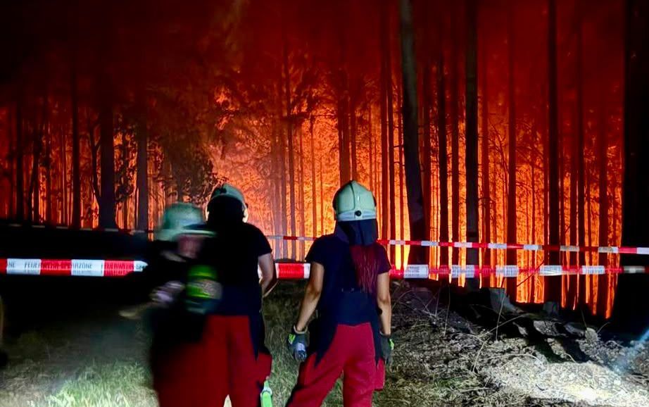 Feuerwehrleute aus Overath stehen an einer Absperrung vor einem brennenden Wald bei Düren.