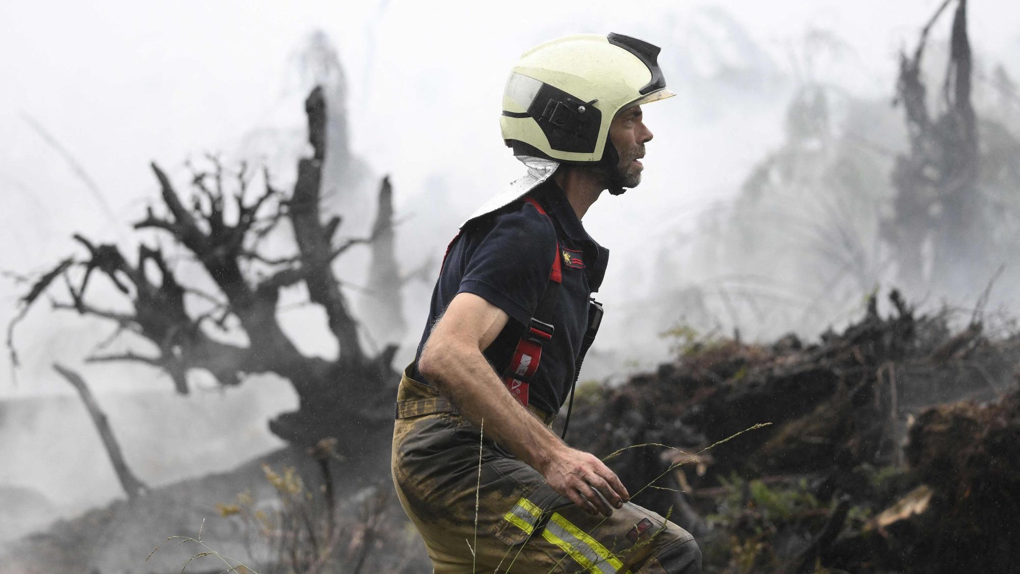 Ein Feuerwehrmann in dem zerstörten Naturgebiet im Hohen Venn.