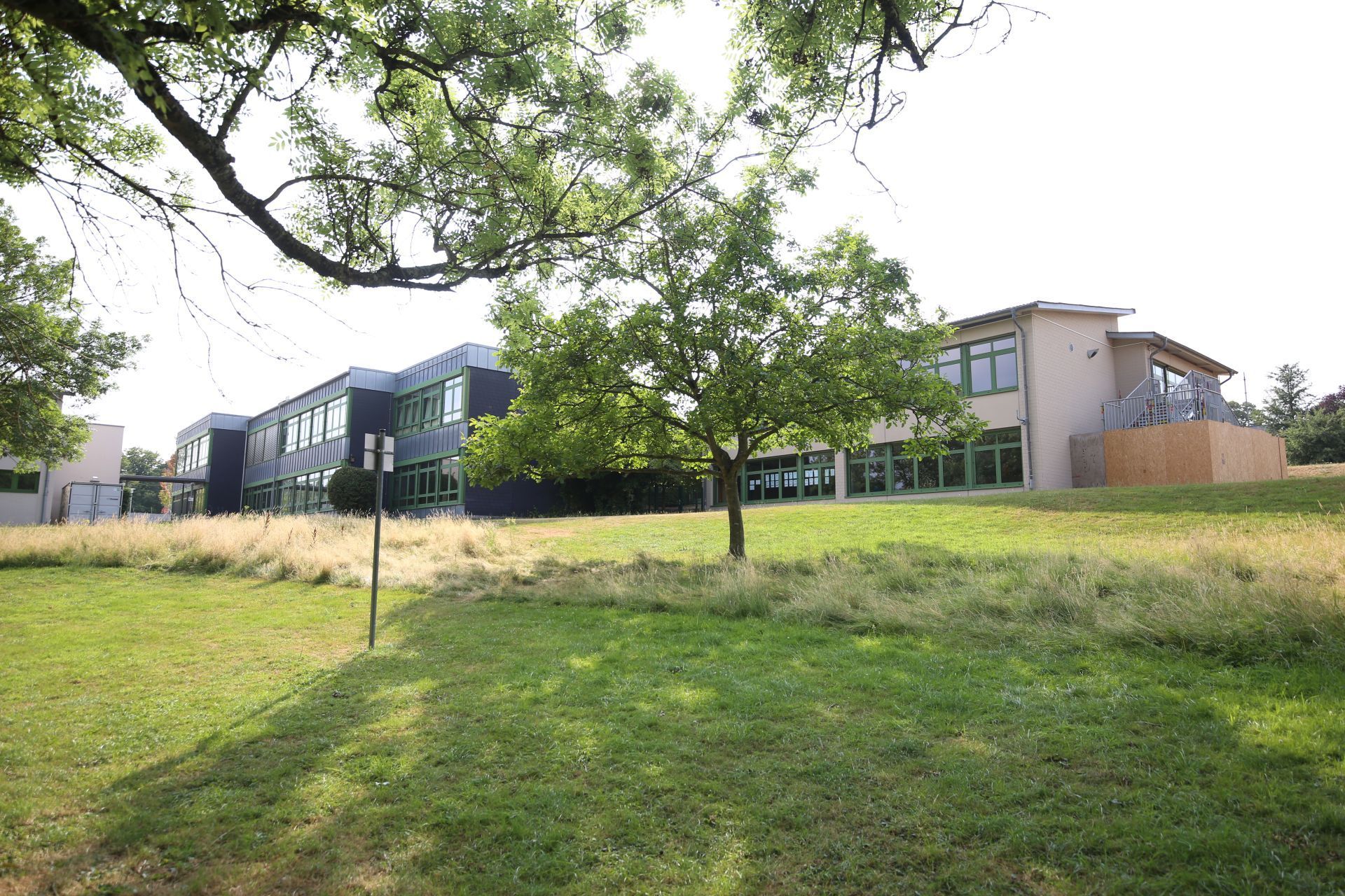 Mehrere zweigeschossige Gebäude, im Vordergrund eine Wiese und ein Baum.