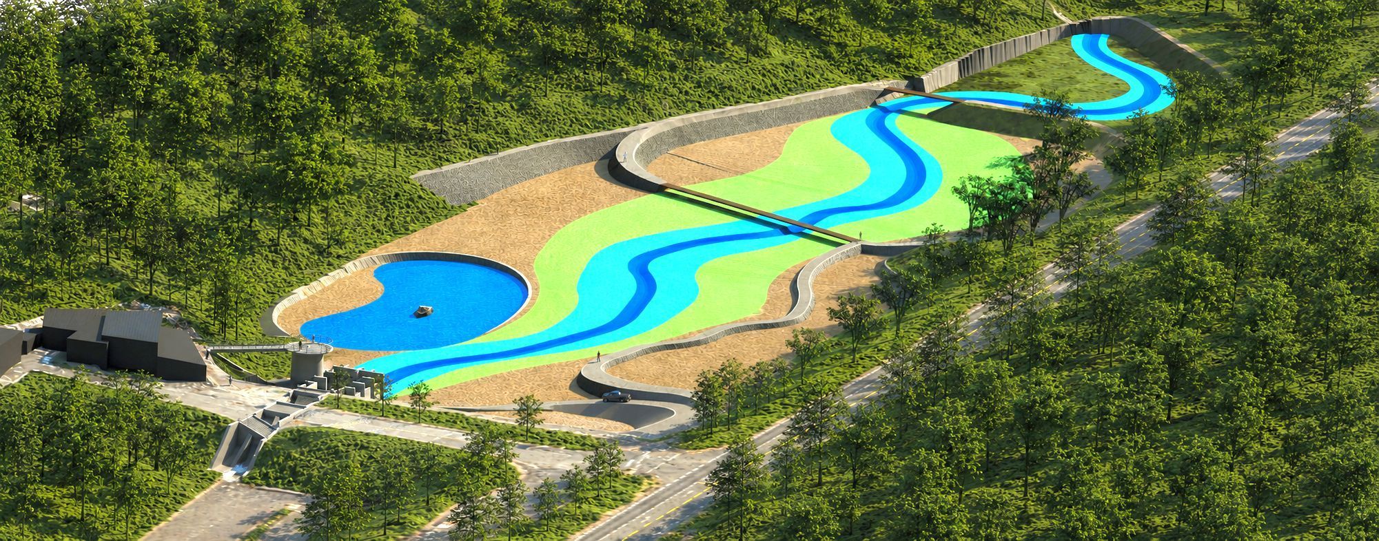 Die KI-gestützte Darstellung zeigt die künftige Gestaltung des Mühlensees, der zu einem  Hochwasserrückhaltebecken umgebaut wird.
