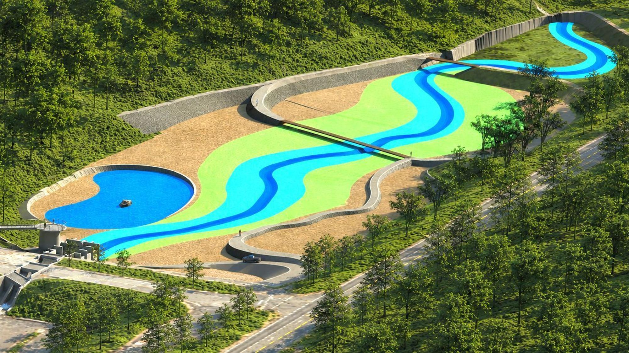 Die KI-gestützte Darstellung zeigt die künftige Gestaltung des Mühlensees, der zu einem Hochwasserrückhaltebecken umgebaut wird.