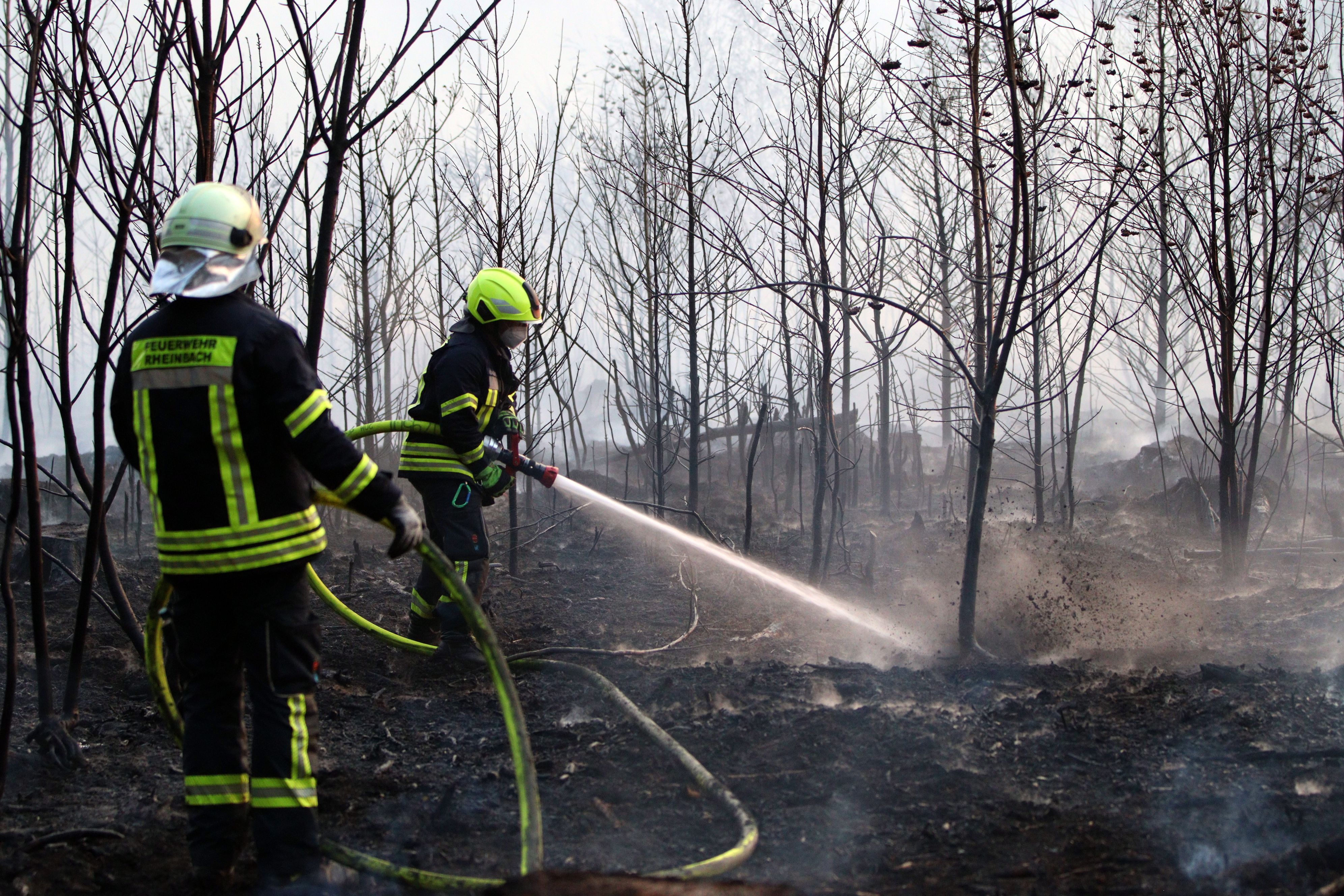 Zwei Feuerwehrleute löschen mit Wasser aus einem Hohlstrahlrohr den Brand im Wald bei Flamersheim.
