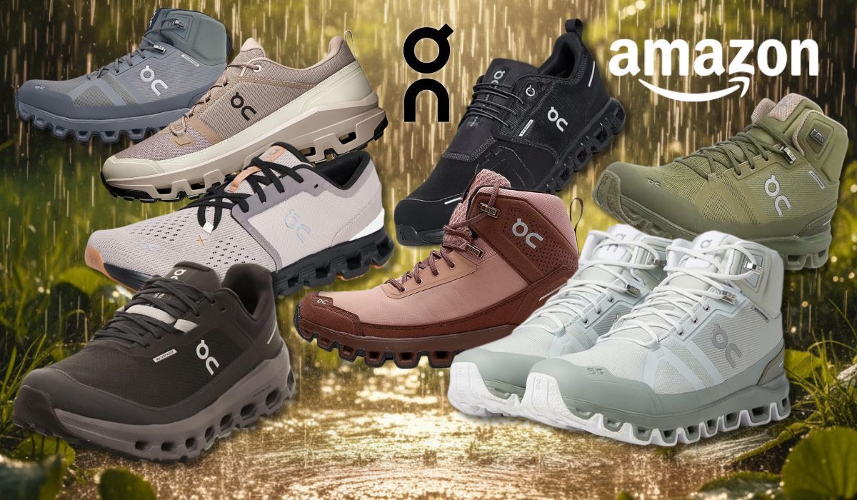 Collage von wasserdichten On Running Sneakern und Trekkingstiefeln in verschiedenen Farben vor einem regenassen Naturhintergrund mit sichtbaren Regentropfen. Mit Amazon-Logo, in der Mitte das On-Running-Logo.