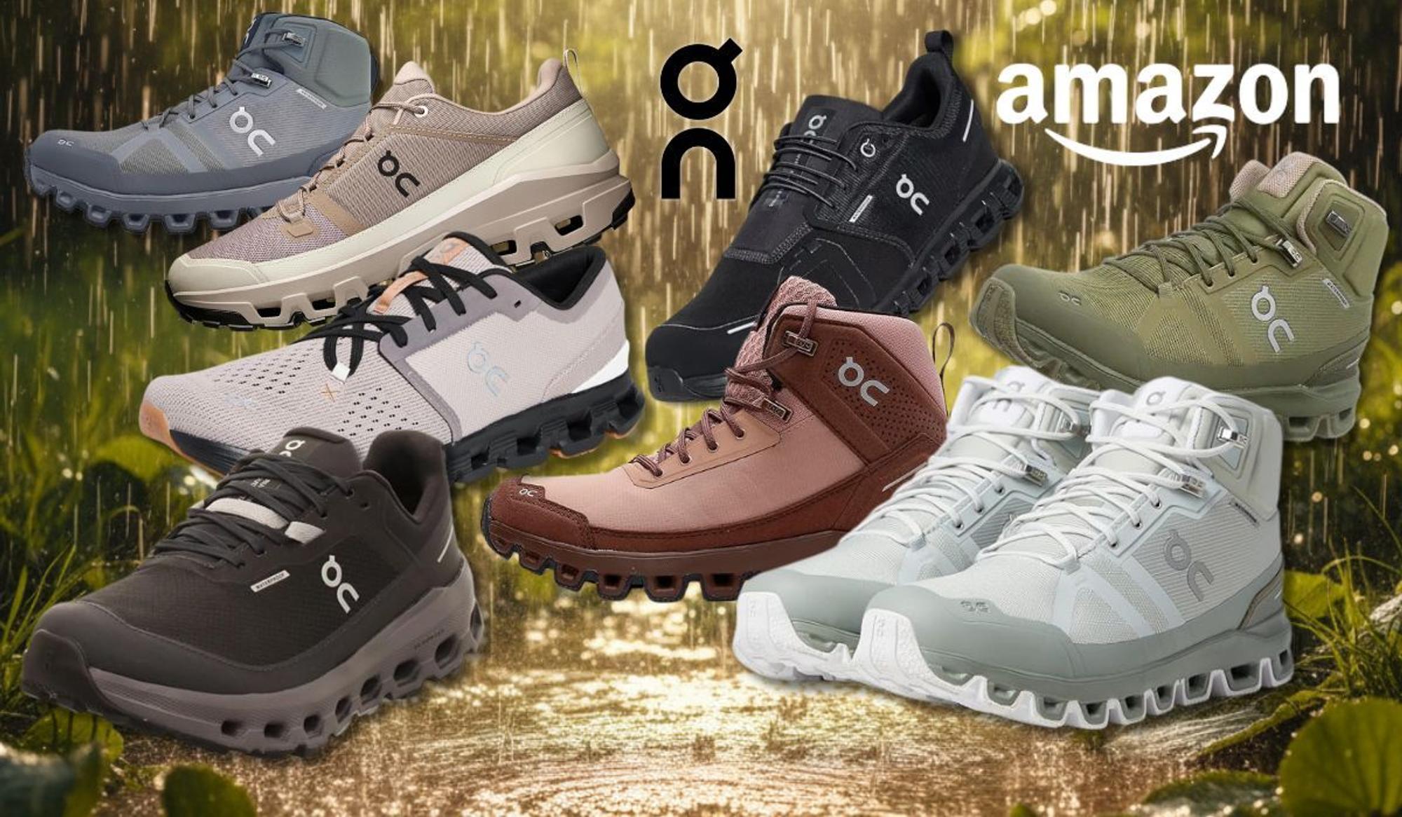 Collage von wasserdichten On Running Sneakern und Trekkingstiefeln in verschiedenen Farben vor einem regenassen Naturhintergrund mit sichtbaren Regentropfen. Mit Amazon-Logo, in der Mitte das On-Running-Logo.