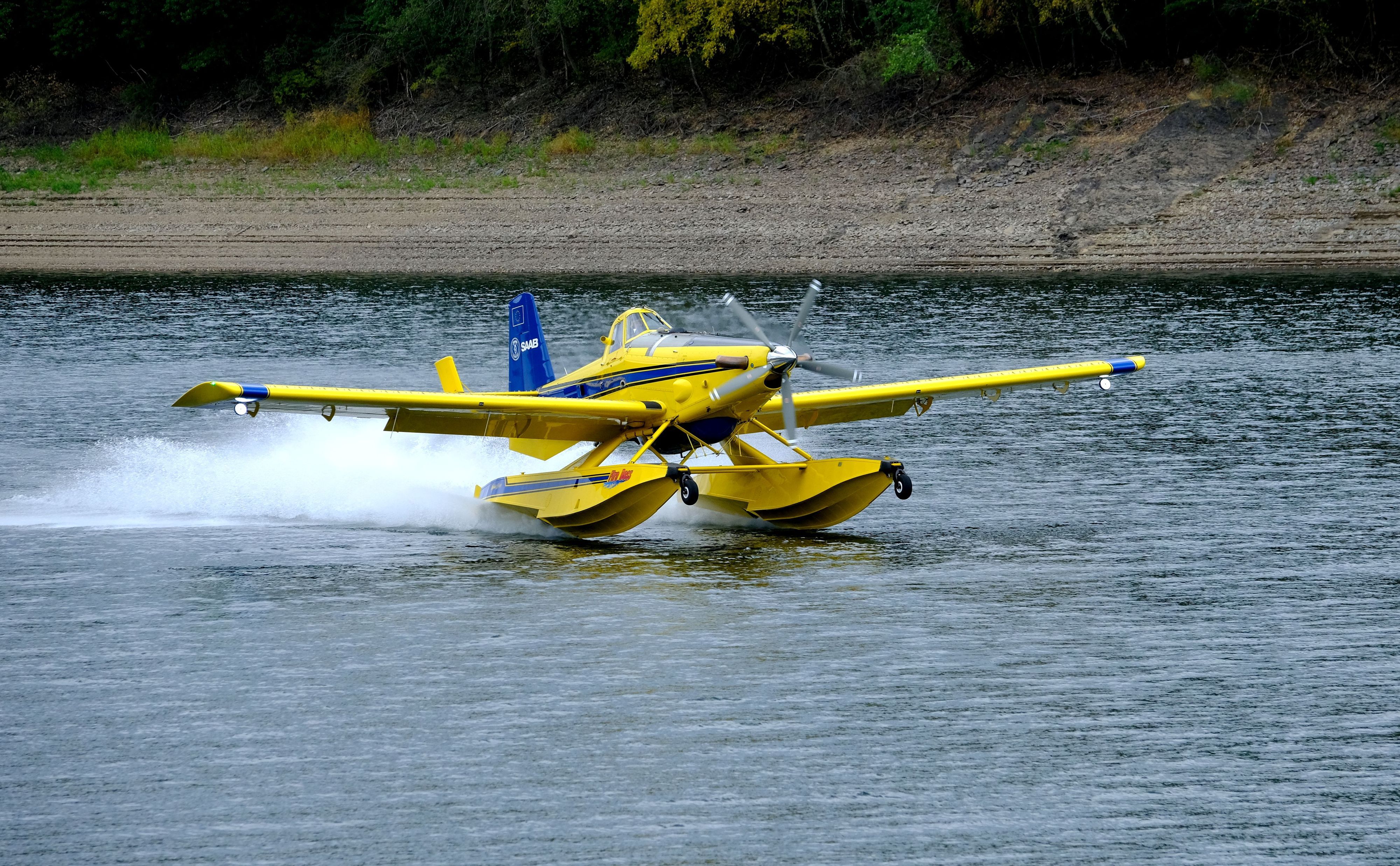 Ein gelb-blau lackiertes schwedisches Löschflugzeug wassert auf der Oleftalsperre in Hellenthal.