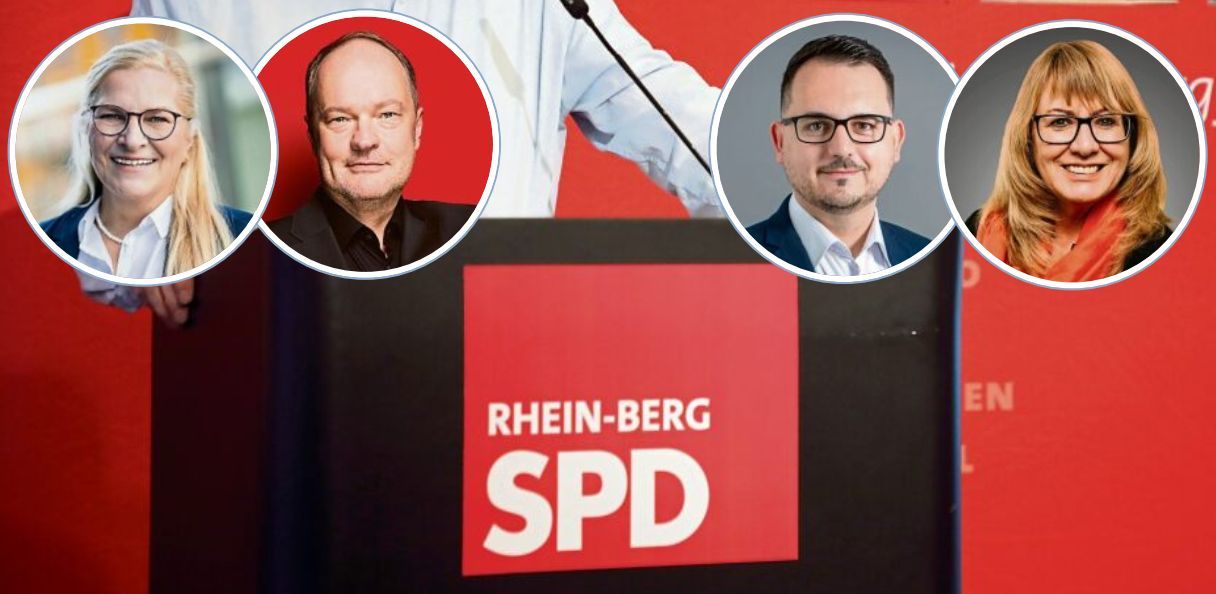 Vier Köpfe sind in runden Bildrahmen auf ein Foto von einem Rednerpult bei einem SPD-Kreisparteitag zu sehen.