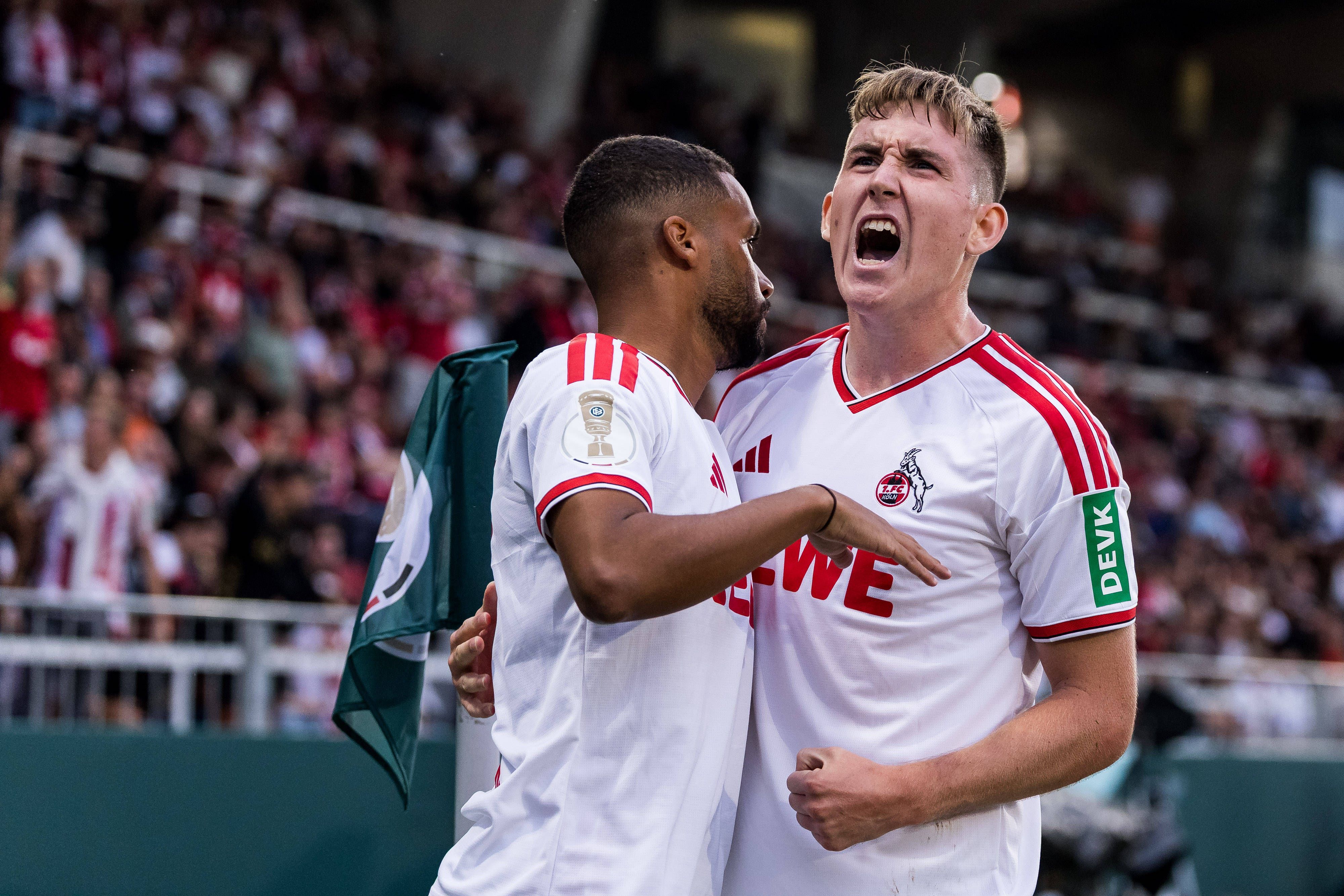 WUERZBURG, GERMANY - AUGUST 24: Isak Johannesson 1. FC Koeln, 8 celebrates scoring the 1:2 goal during the 1st round DFB Pokal match between Wuerzburger Kickers vs. 1. FC Koeln at AKON ARENA on August 24, 2026 in Wuerzburg, Germany. DFB REGULATIONS PROHIBIT ANY USE OF PHOTOGRAPHS AS IMAGE SEQUENCES AND/OR QUASI-VIDEO. Bavaria Germany Copyright: xSteffiexWunderlx