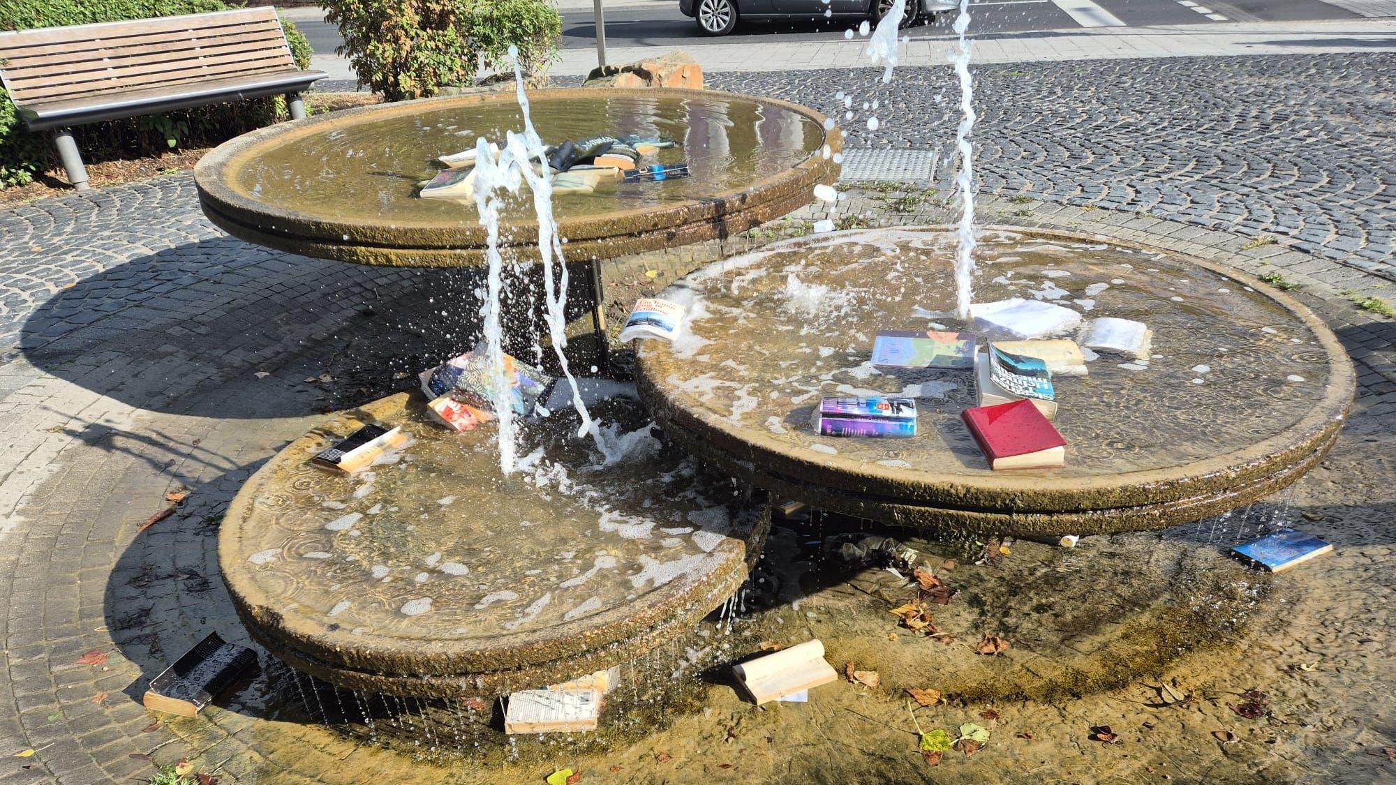 In einem Brunnen liegen Bücher.