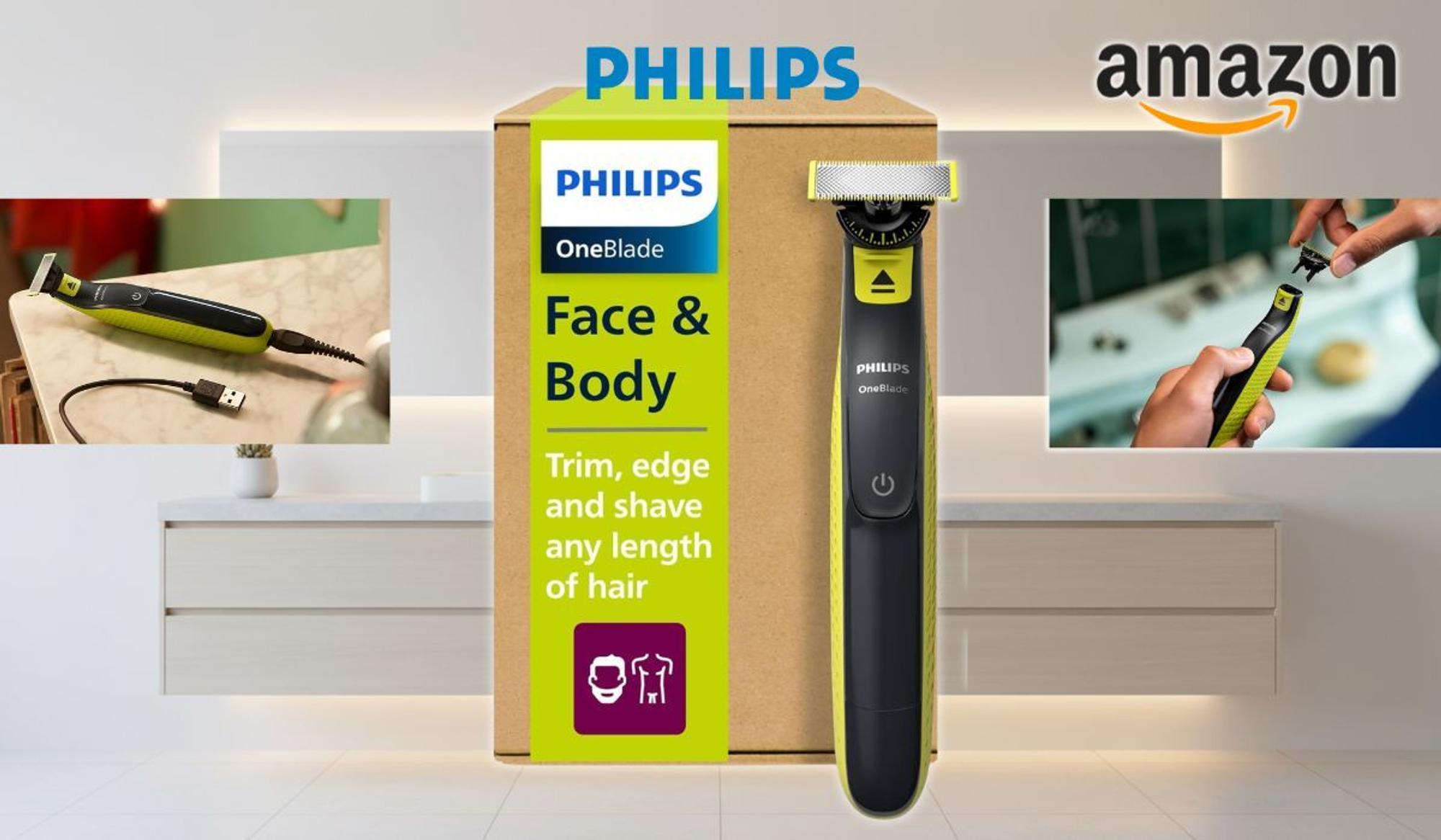 Philips OneBlade 360 Face & Body Rasierer in Schwarz-Gelb vor seiner Produktverpackung mit grünem Aufdruck, flankiert von zwei Detailaufnahmen – links das Gerät mit angeschlossenem USB-Ladekabel auf einer Ablage, rechts eine Hand, die den OneBlade unter fließendem Wasser verwendet, im Hintergrund ein helles, modernes Badezimmer.