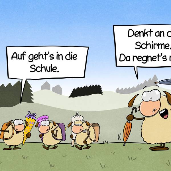 Drei Lämmchen stehen mit Schulranzen und Schultüten auf einer Wiese und sagen: „Auf geht's in die Schule.“ Die Mutter ruft mit zwei Schirmen in den Händen hinter den Kindern her: „Denkt an die Schirme. Da regnet's rein.“