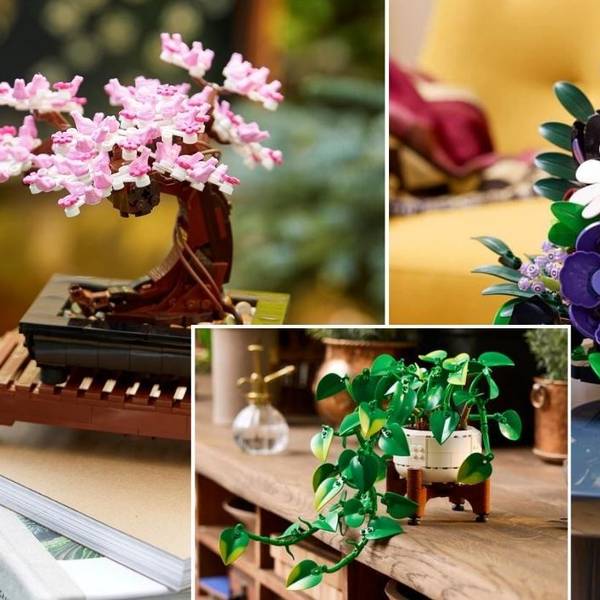 Collage mit drei Deko-Objekten aus der Lego Botanik-Kollektion: links ein Bonsai-Baum mit rosafarbenen Blüten, rechts ein farbenfrohes Blumengesteck und unten eine grüne Hängepflanze.