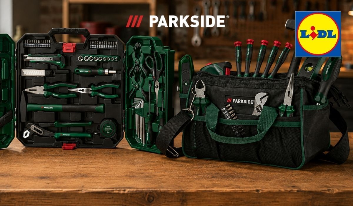 Parkside Werkzeugtasche, Werkzeugkoffer auf einer Werkbank.