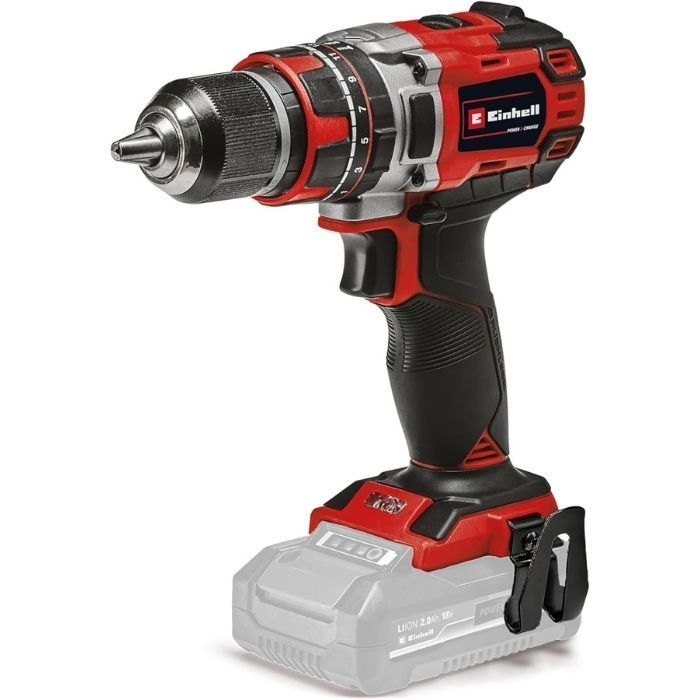 Einhell Professional Akku-Schlagbohrschrauber TP-CD 18/50 Li-i BL Solo in Rot-Schwarz mit 13-mm-Metallbohrfutter, Akku transparent angedeutet, auf weißem Hintergrund.