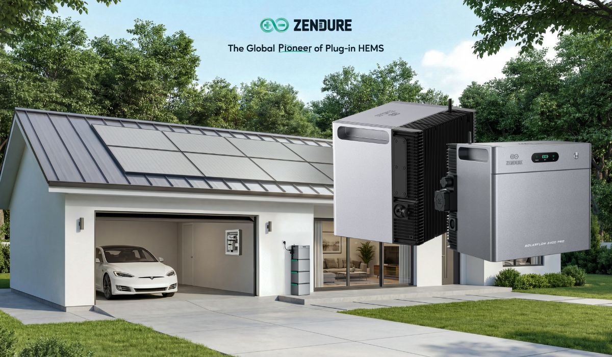 Ein Haus mit Solarmodulen auf dem Dach im Hintergrund. Im Vordergrund sind zwei Speicher zu sehen.