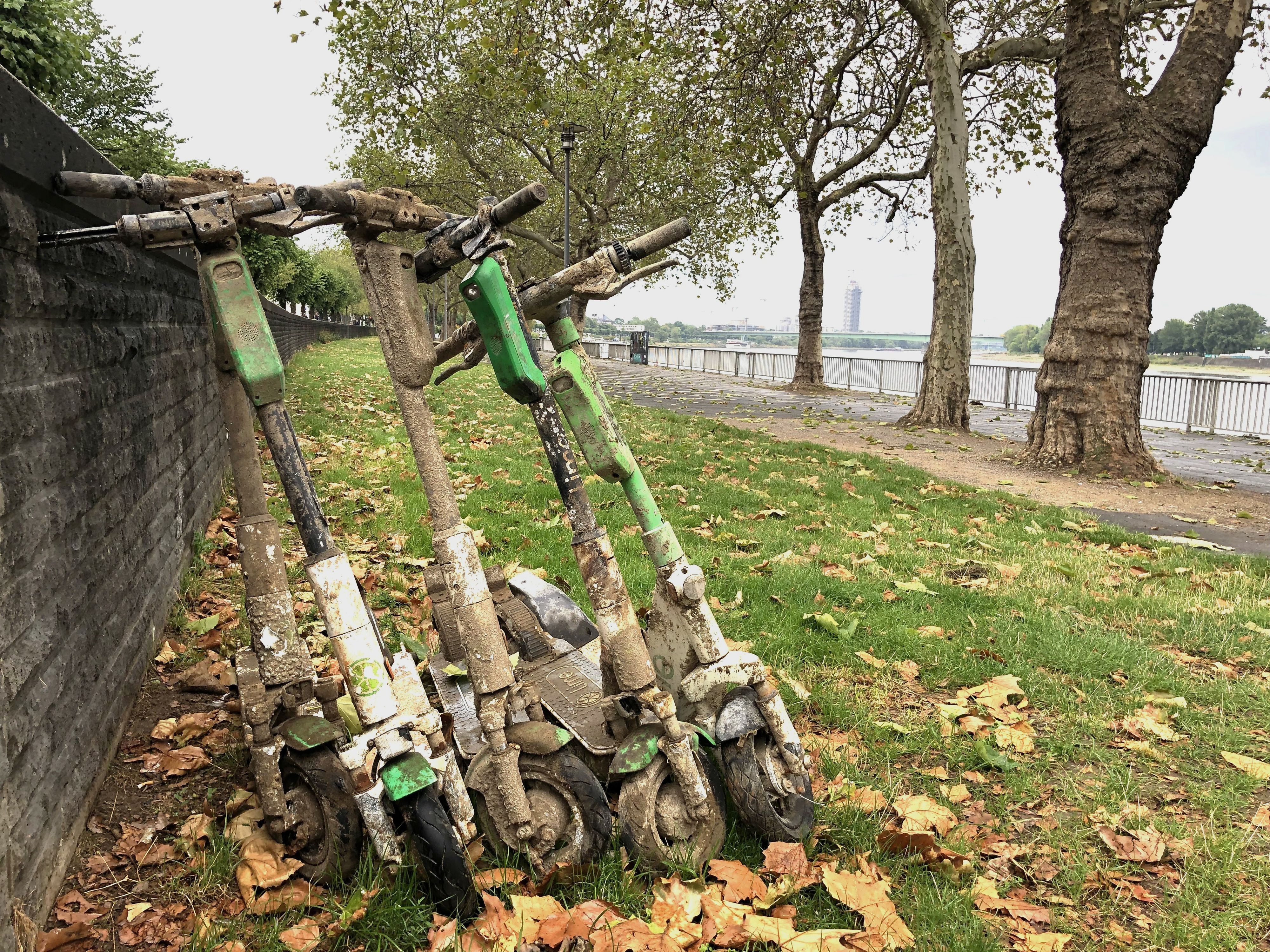E-Scooter, die offenbar aus dem Rhein geholt wurden, stehen am Konrad-Adenauer-Ufer.