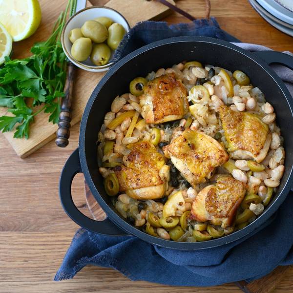 One-Pot mit Hähnchen, Reis und karamellisierten Zitronen