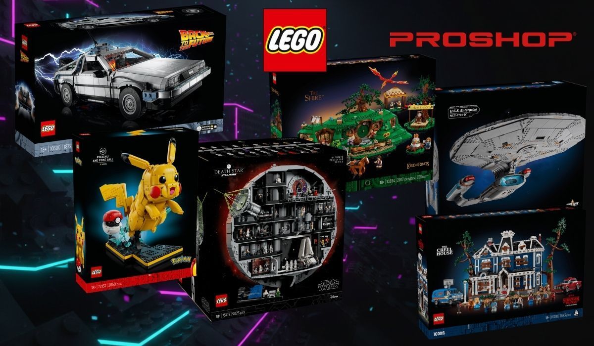 Collage mit sechs LEGO-Set-Verpackungen aus den Themenwelten „Zurück in die Zukunft“, Pokémon, Star Wars, „Der Herr der Ringe“, Star Trek und „Stranger Things“ vor einem dunklen Hintergrund  mit Neon-Bausteinen; darüber sind die Logos von LEGO und Proshop zu sehen.