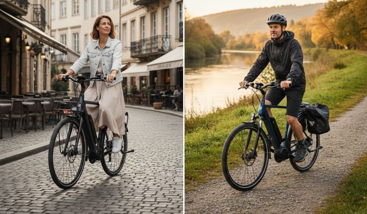 Split-Screen-Vergleich: Links eine Frau auf einem City-E-Bike in einer historischen Altstadtgasse, rechts ein Mann auf einem Trekking-E-Bike mit Gepäcktasche auf einem Flussweg im Herbstlicht