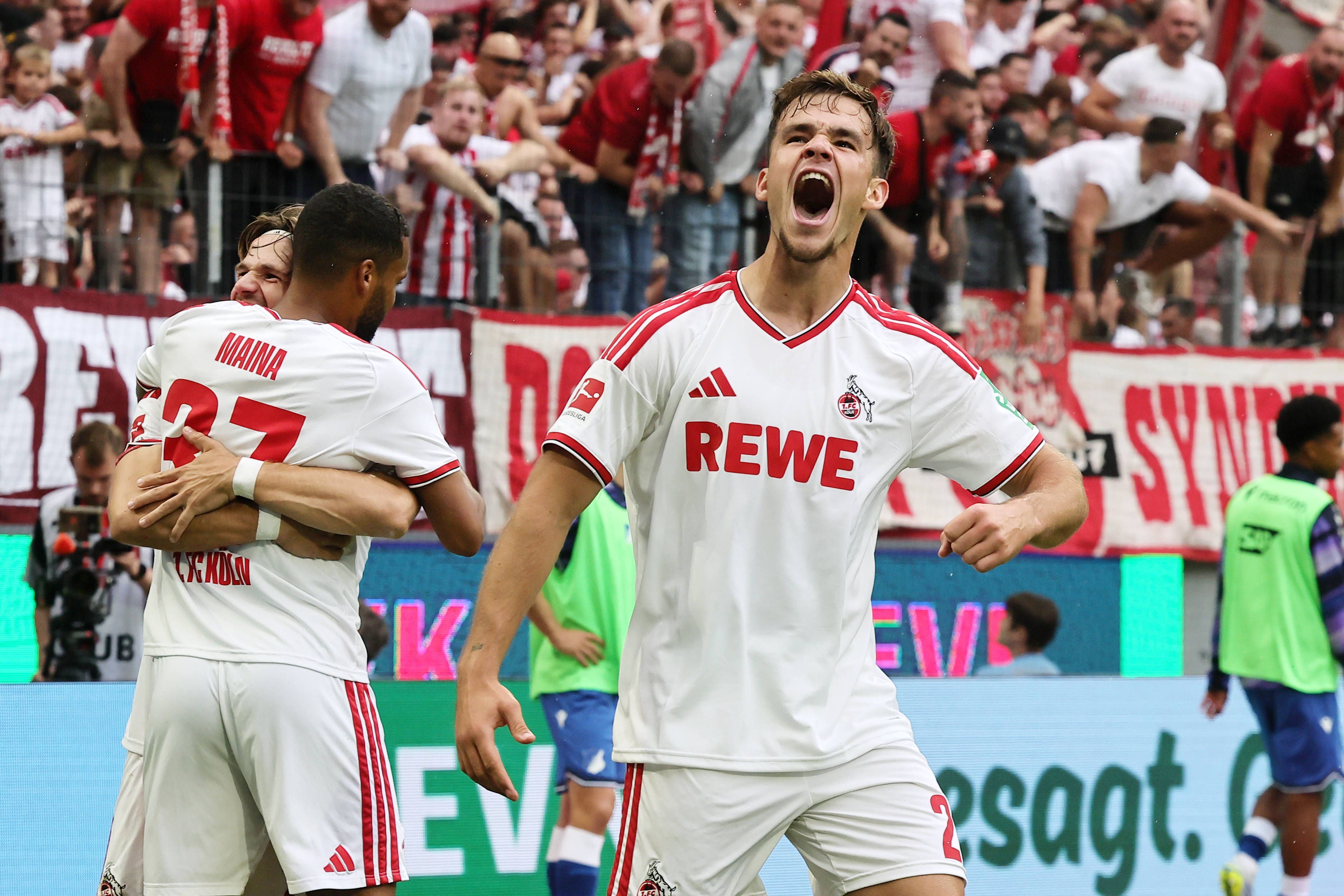 1. FC Köln vs. TSG Hoffenheim, 1. Spieltag, 29.08.2026, 15.30 Uhr, Thijs Dallinga 1. FC Köln feiert sein Tor zum 2.2 Ausgleich, Bild: *** Local Caption *** Ausschließlich redaktionelle Nutzung Editorial use only *** Sports: 1. FC Köln vs. TSG Hoffenheim, Matchday 1, August 29, 2026, 3:30 p.m., Thijs Dallinga of 1. FC Köln celebrates his goal that tied the game at 22, Photo *** Local Caption *** For editorial use only