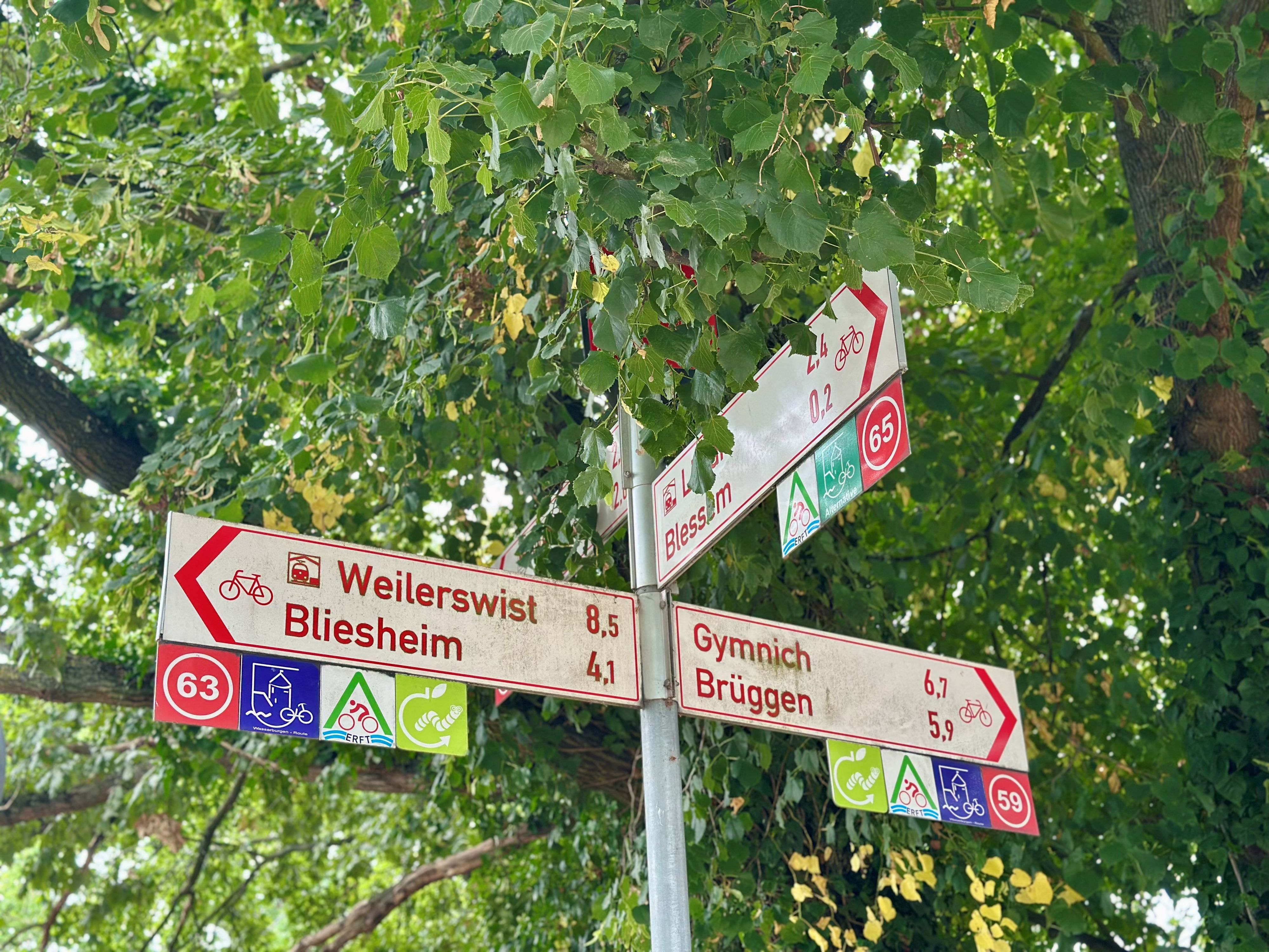 Ein Schild weist auf Radwege hin.