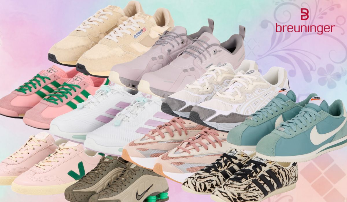 Sneaker verschiedener Marken wie Nike, Adidas, New Balance, Veja, Autry und mehr vor buntem Hintergrund mit Breuninger Logo.