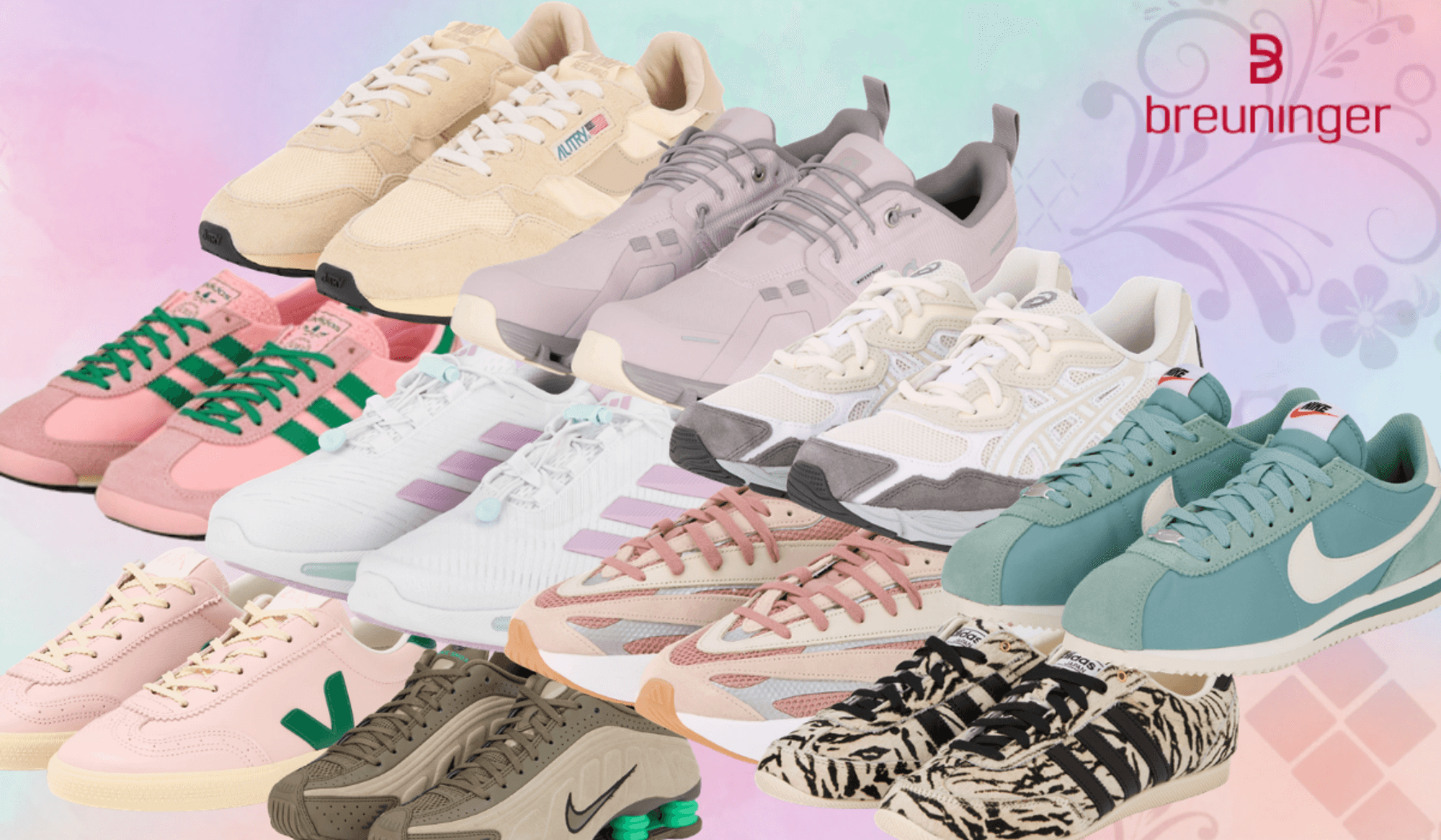 Sneaker verschiedener Marken wie Nike, Adidas, New Balance, Veja, Autry und mehr vor buntem Hintergrund mit Breuninger Logo.